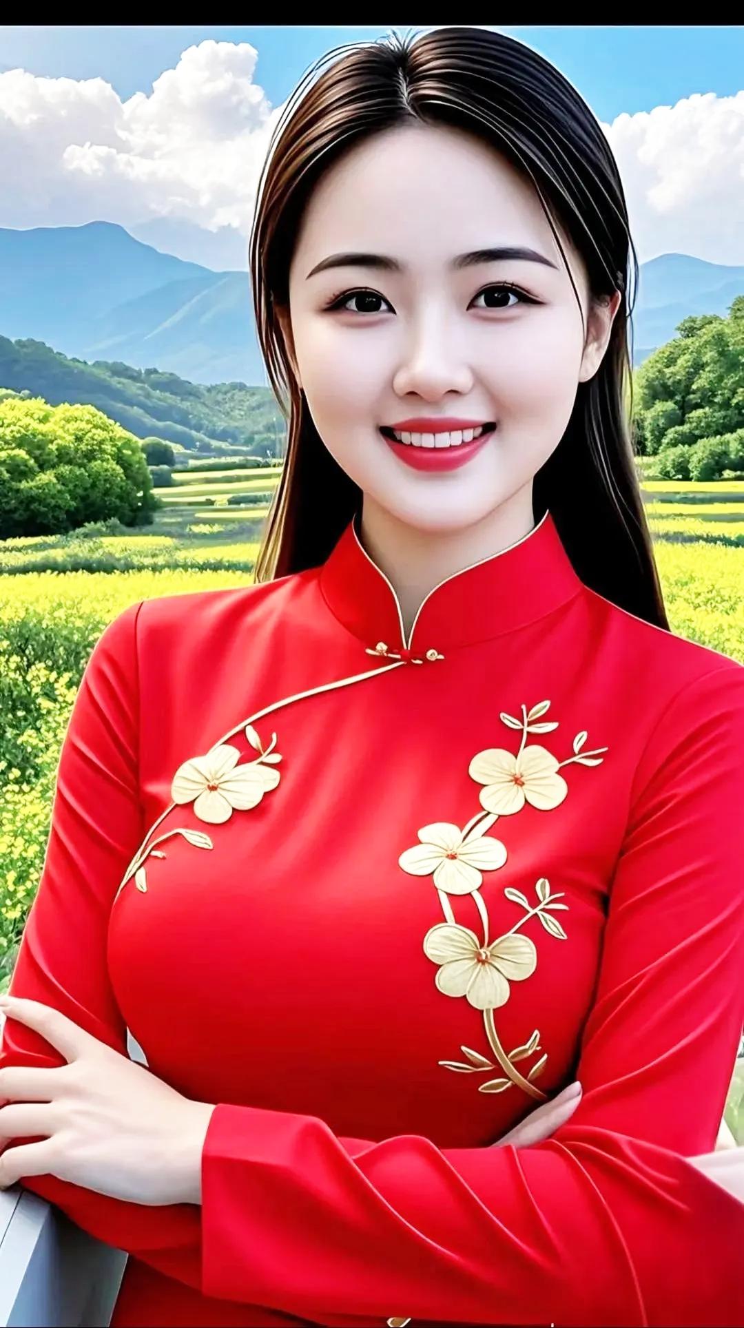 这姑娘穿红衣站在花田里，好美啊！