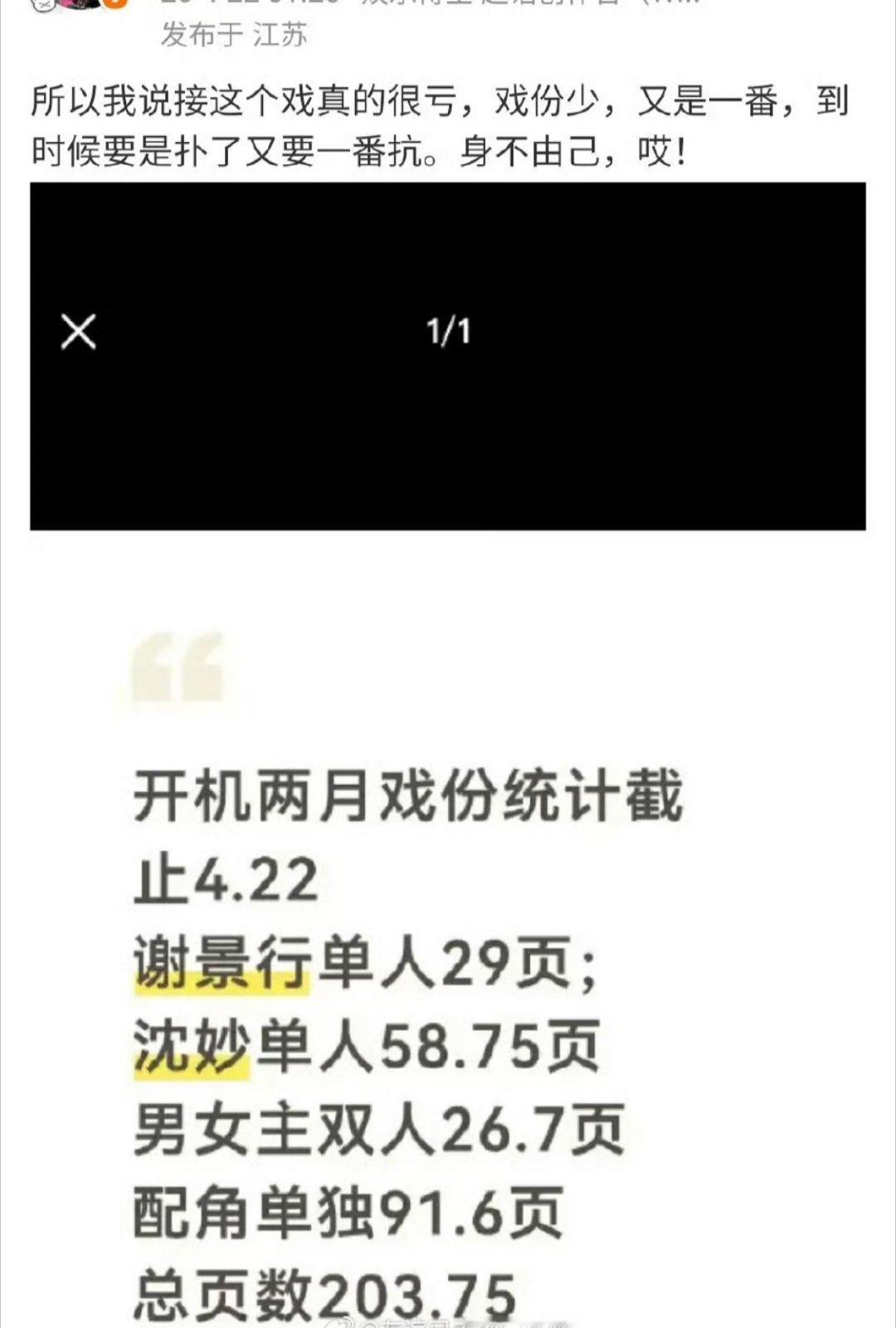 说是将门独后目前男女主的拍摄戏份，王鹤棣的比孟子义的少 
