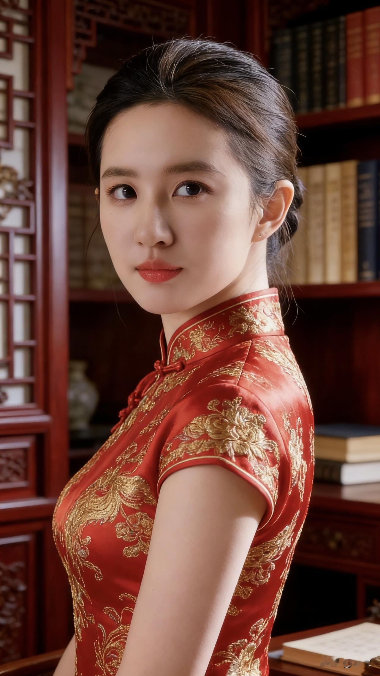 正红旗袍上的金线暗纹在暖光里泛着流光，凤穿牡丹的纹样顺着衣身蜿蜒，像把中式的华贵