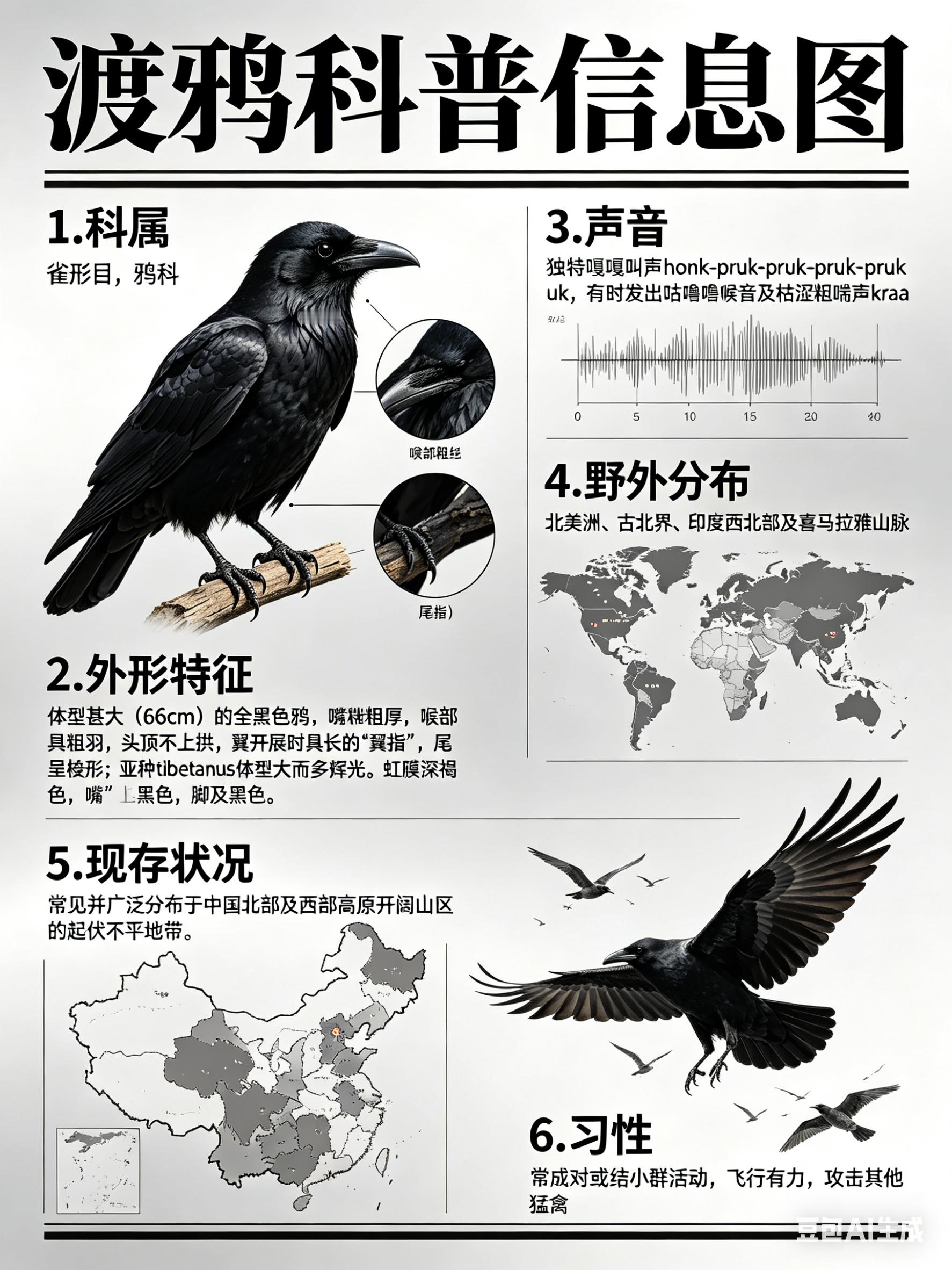 鸟类朋友图鉴 渡鸦·科属：雀形目，鸦科。·外形特征：体型甚大（66cm）的全黑色