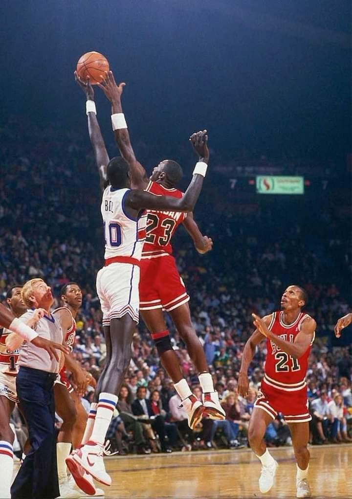 身高6英尺6英寸的迈克尔·乔丹对阵身高7英尺6英寸的马努特·波尔 