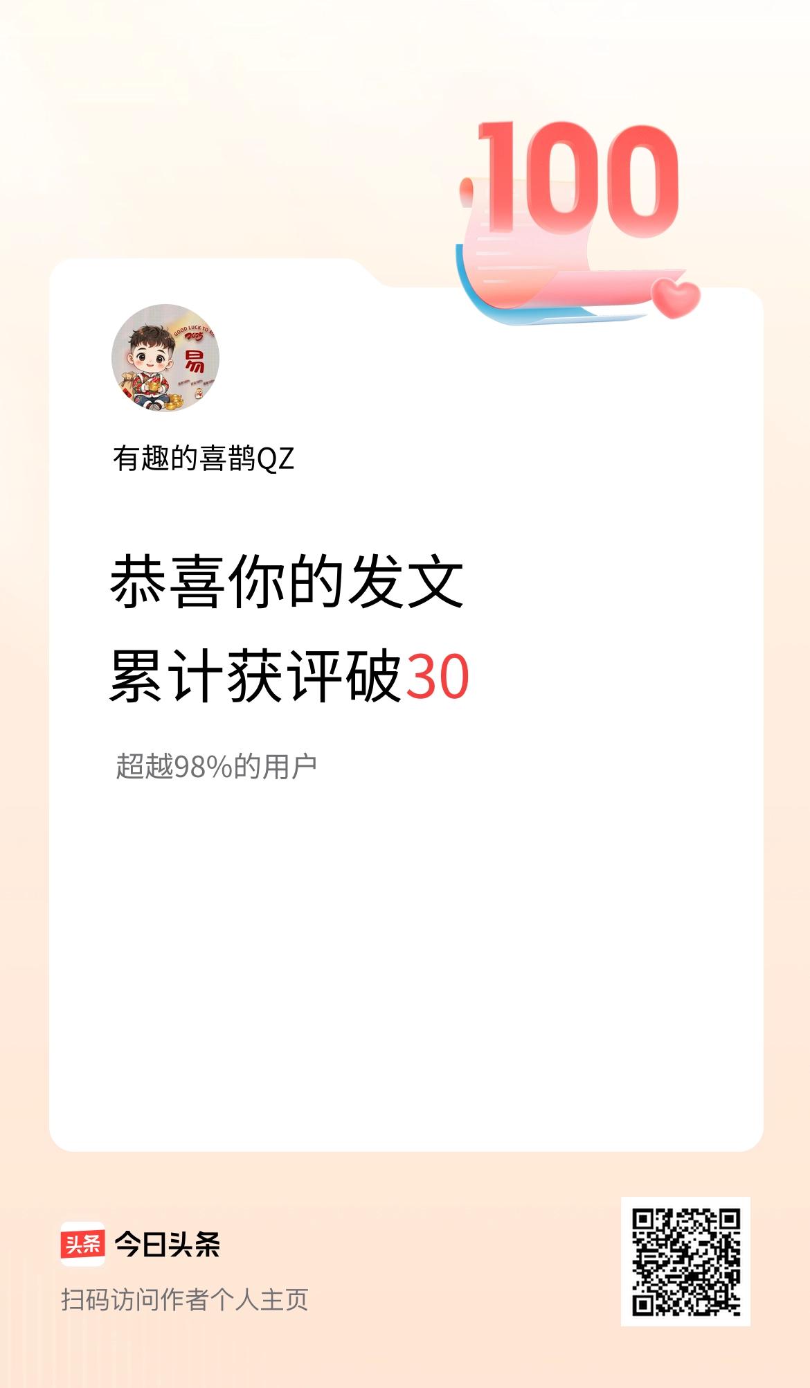 我在头条累计获评论量破30啦！