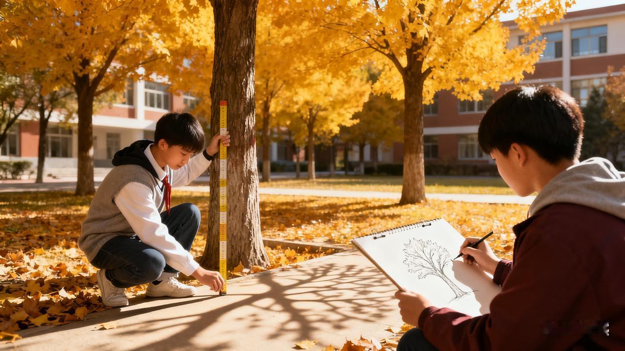 物测秋影，文绘秋光：阳光下学生用尺子测量树影长度，旁边同学在画纸上勾勒秋光下的树