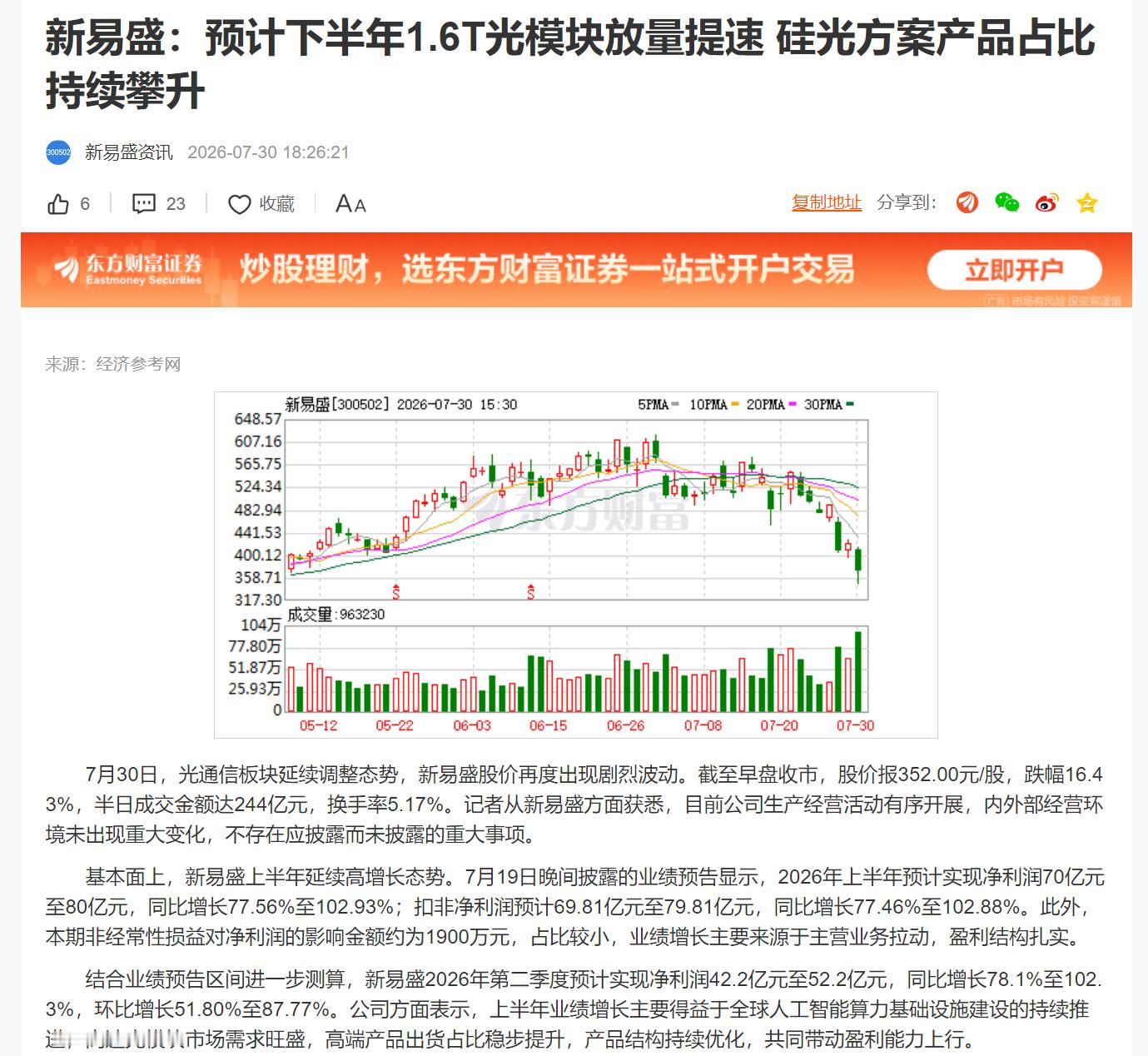 新易盛：预计下半年1.6T光模块放量提速 硅光方案产品占比持续攀升 
