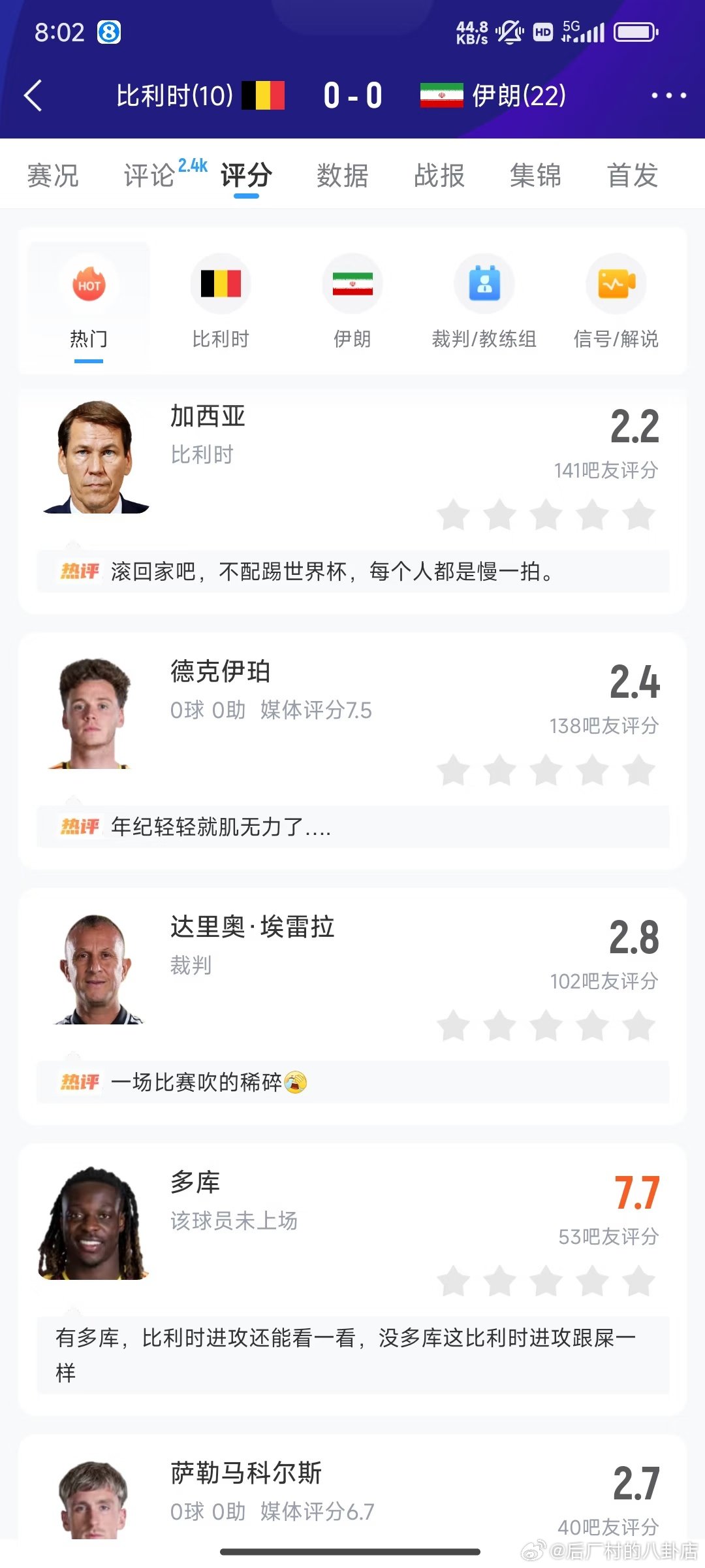 世界杯小组赛G组第2轮，美国SoFi体育场，比利时对阵伊朗。 上半场开场3分钟，