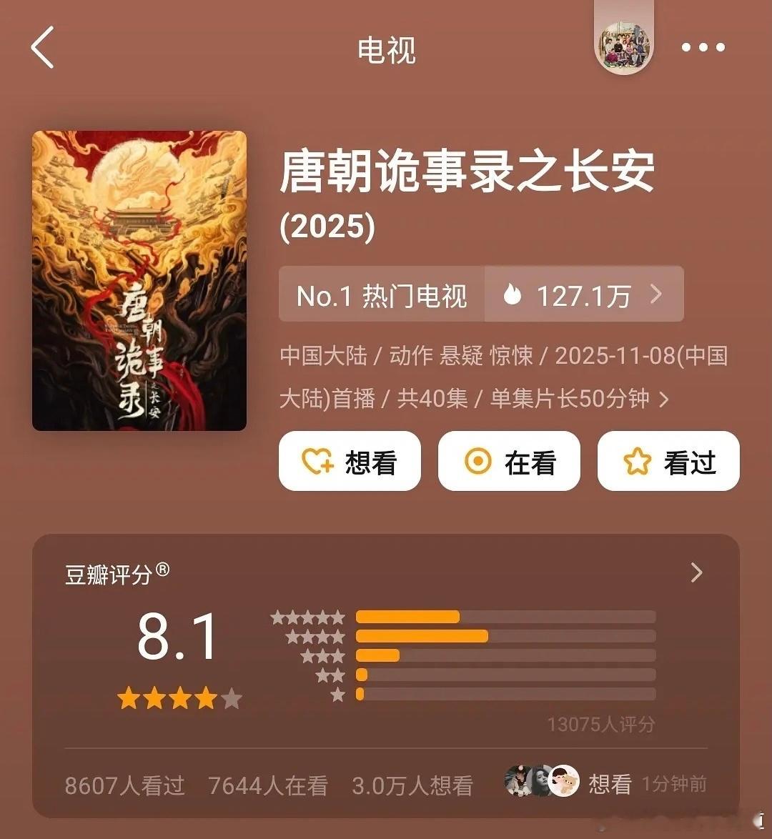 唐朝诡事录之长安豆瓣开分8.1分，唐诡3这开分速度真是迫不及待啊，才1.3万人评