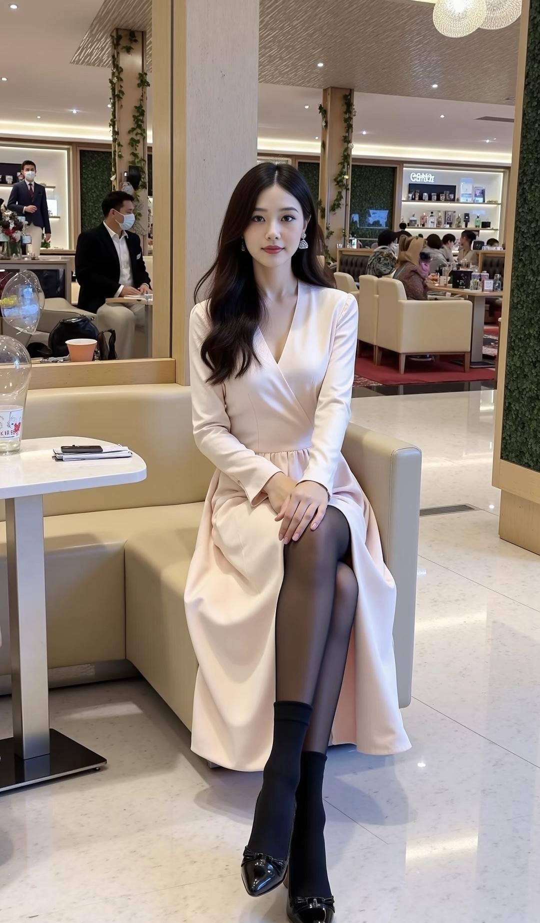 在优雅咖啡厅里，时尚穿搭能瞬间提升氛围感
女生可以选择一条法式复古连衣裙，像是碎