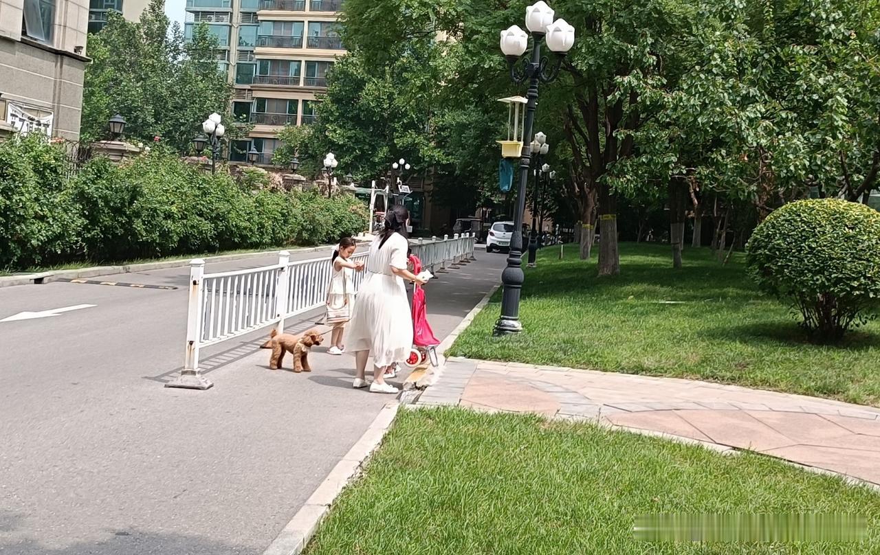 小区看到暖心一幕……
有个宝妈，一只手推着婴儿车，车里坐着孩子，另一只手牵着小狗