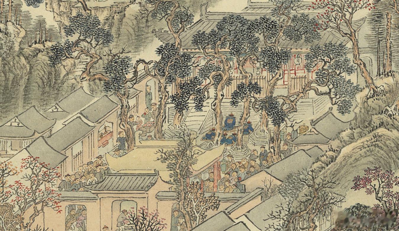 图一这个寺庙山门后面倒座搭了个戏台，台下人头攒动。院内古树参天，树下有官员正在拜