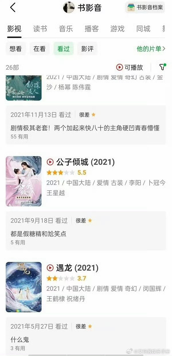 逐玉编剧给多部剧打低分，甚至包括男女主张凌赫 田曦薇出演的作品逐玉编剧 豆瓣打分