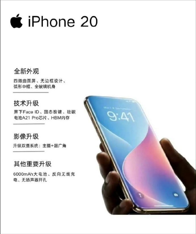 iPhone20再曝光四微曲OLED加无开孔全面屏全玻璃机身配弧形中框固态按键取