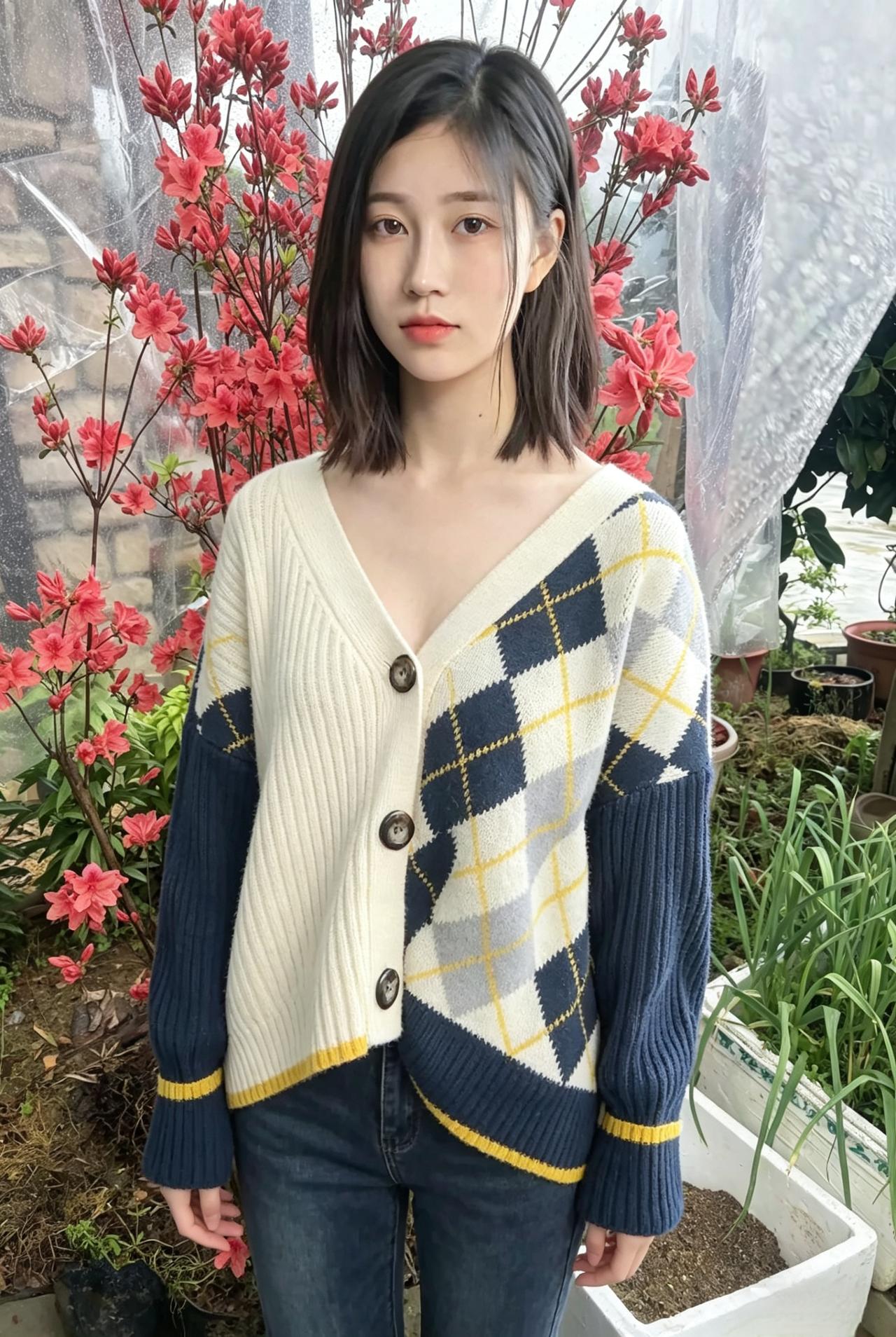 针织衫的纹理裹着温柔
红花开成身后的热烈
短发利落，眉眼清澈
是花间独有的清雅