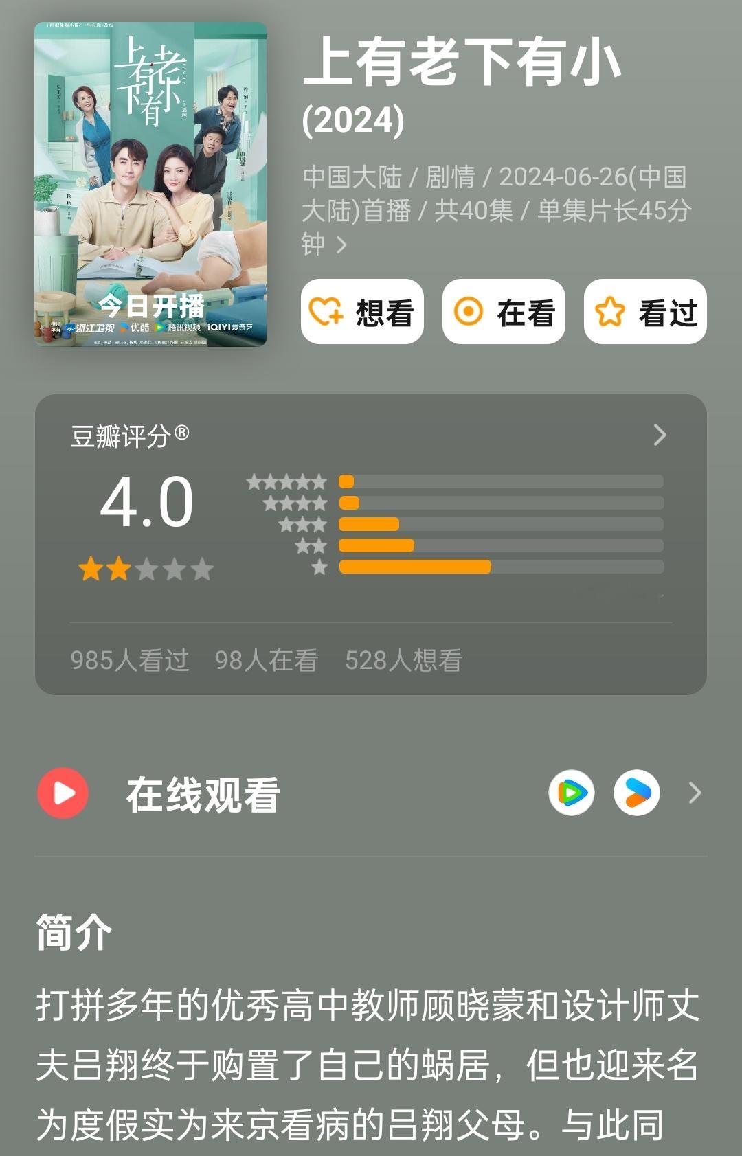 爱两部播完半年左右的剧集豆瓣首次开分杨玏、邓家佳《上有老下有小》4.0庄达菲、唐