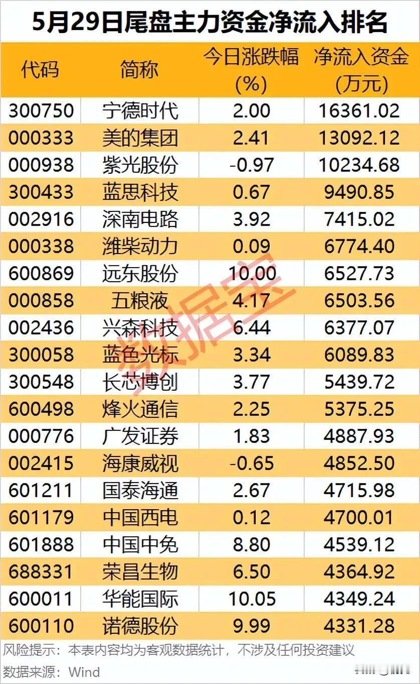 🔥尾盘资金突袭！5月29日20只主力抢筹标的全景拆解！

5月29日尾盘主力资
