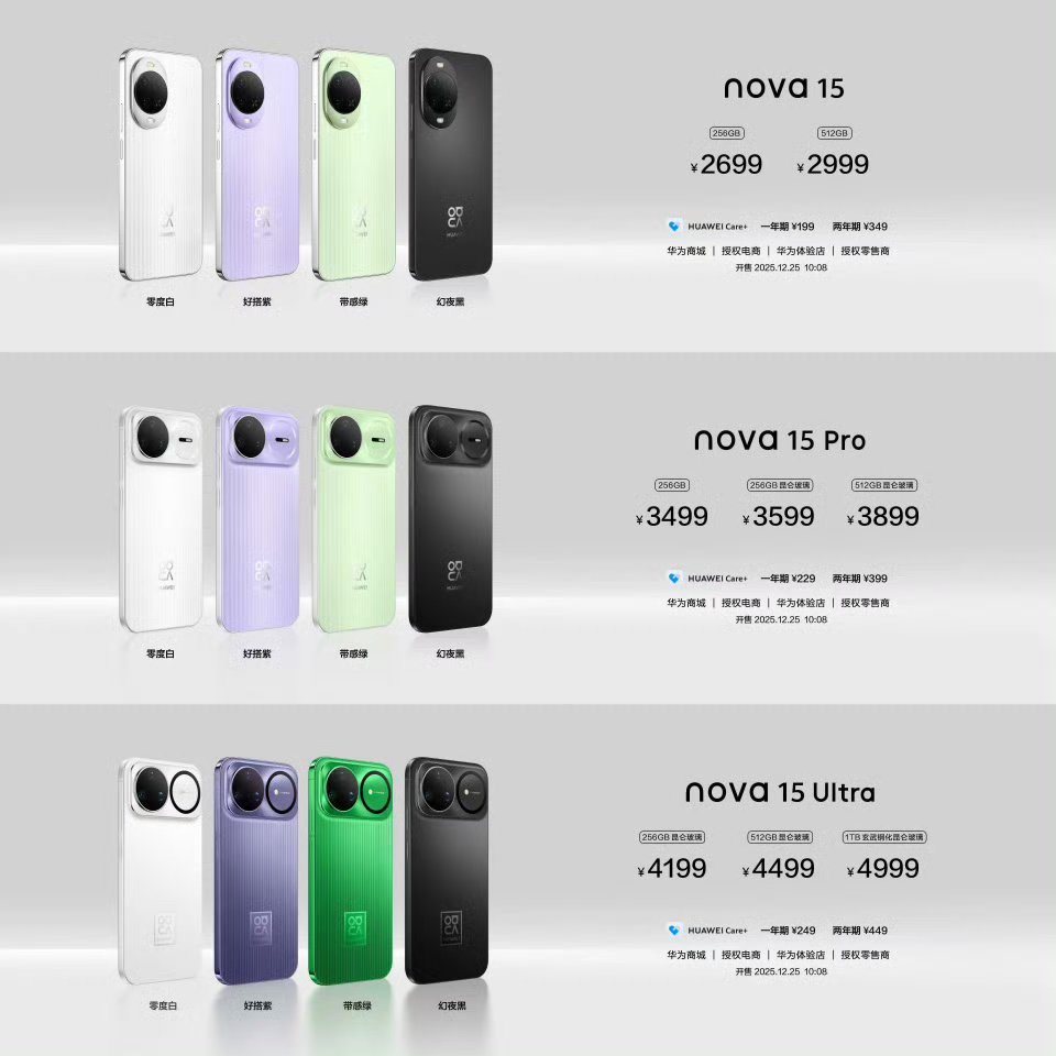 华为发布会 nova 15系列价格来了，分别是2699，3499，4199起，咋