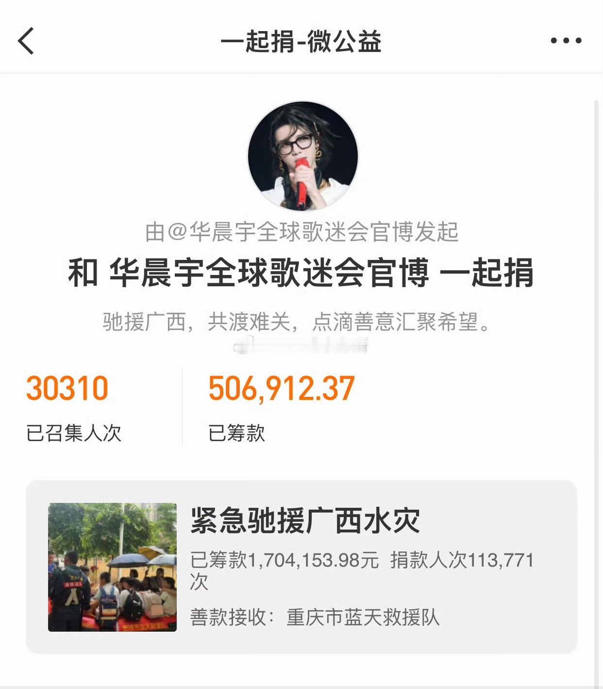 华晨宇全球歌迷会为广西洪涝灾区发起捐款，几小时已经50万 
