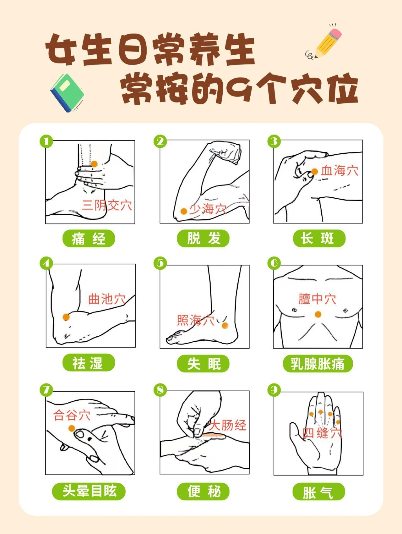女生常按9个穴位，好处多多💯按摩穴位的好处主要是可以活血化瘀、调理气血、美容养