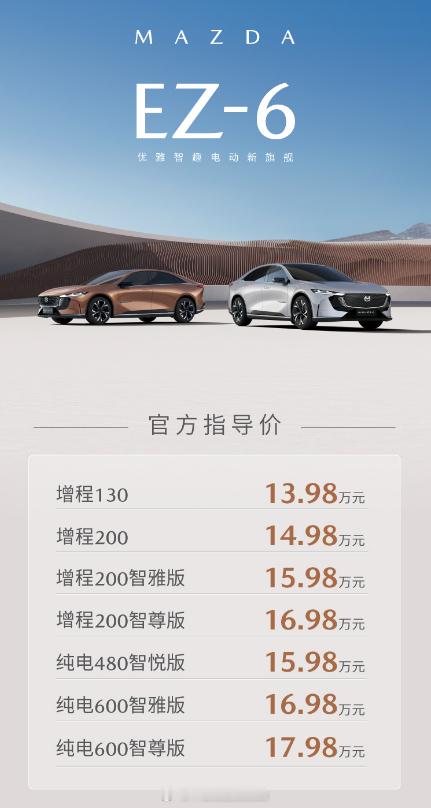 长安马自达EZ-6正式售价来了，13.98万，相比之前的预售16-20万低了不少