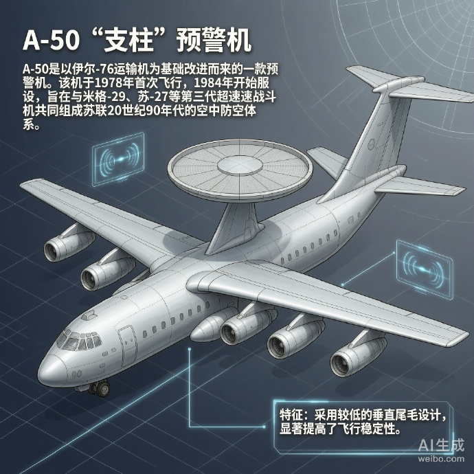 军事ai新视野 俄罗斯A-50“支柱”预警机A-50是以伊尔-76运输机为基础改