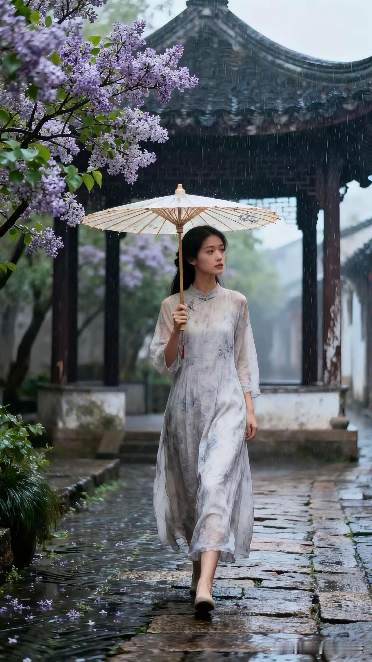 清江引·伞下娇娘盼郎
油伞娇娘姿韵俏，
缓步行途道。
形单影只愁，
久别情丝绕。