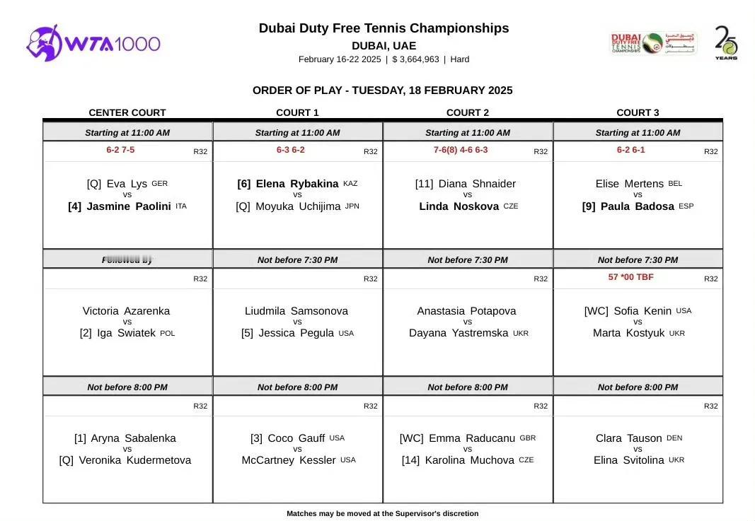 WTA1000迪拜站赛程更新

今日郑钦文和斯特恩斯的比赛取消，调整后的安排如下