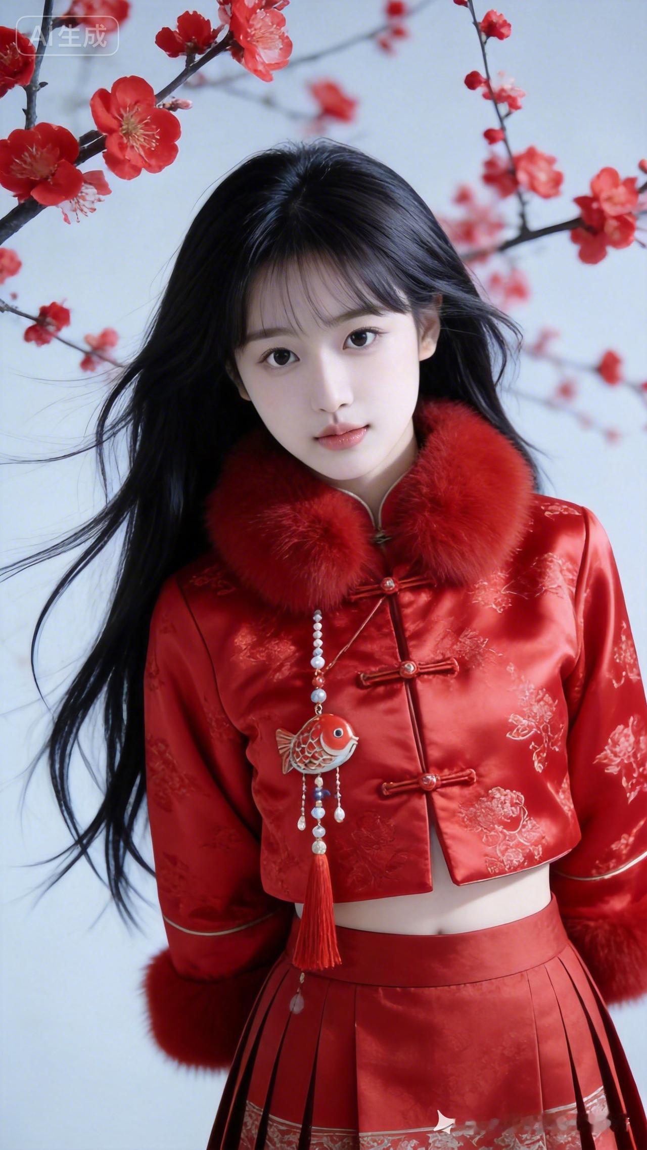 娇小东方少女，甜美纯欲，侧光发丝凌乱。红新中式缎面提花上衣配马面裙，毛毛领、小鱼