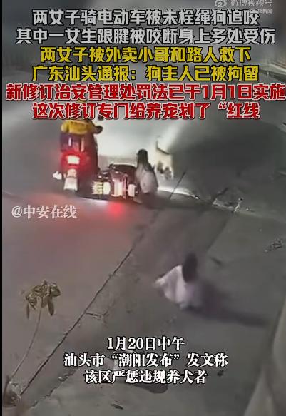 广东汕头发生了一起让人揪心的恶犬伤人事件。两名年轻女生骑着电动车经过一条社区道路