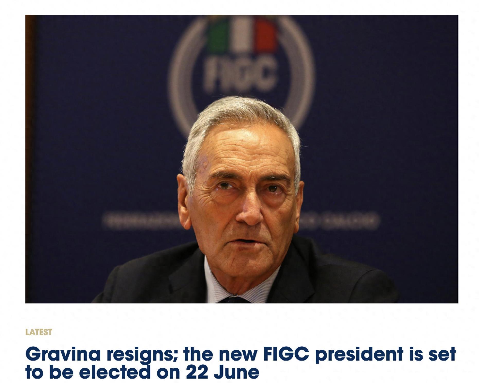 在意大利男足国家队连续三次无缘世界杯后，意大利足协主席格拉维纳宣布辞职。此外，意