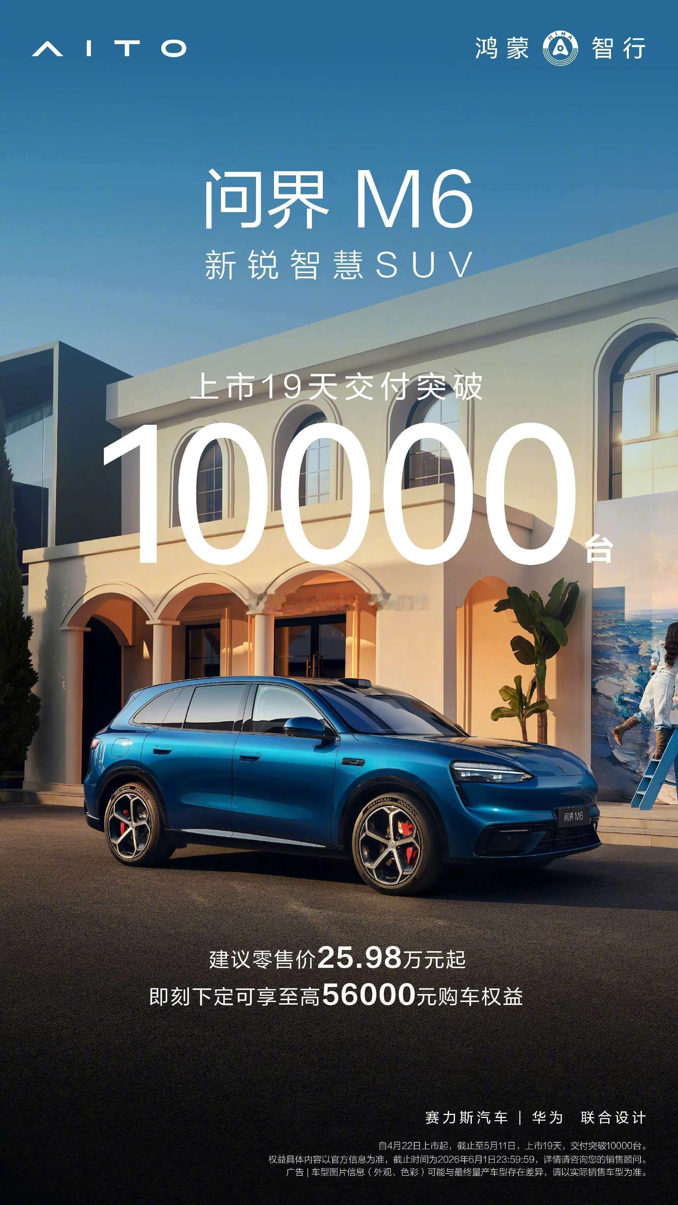 新锐智慧SUV问界M6 上市即热销，截止至5月11日，上市19天交付突破1000