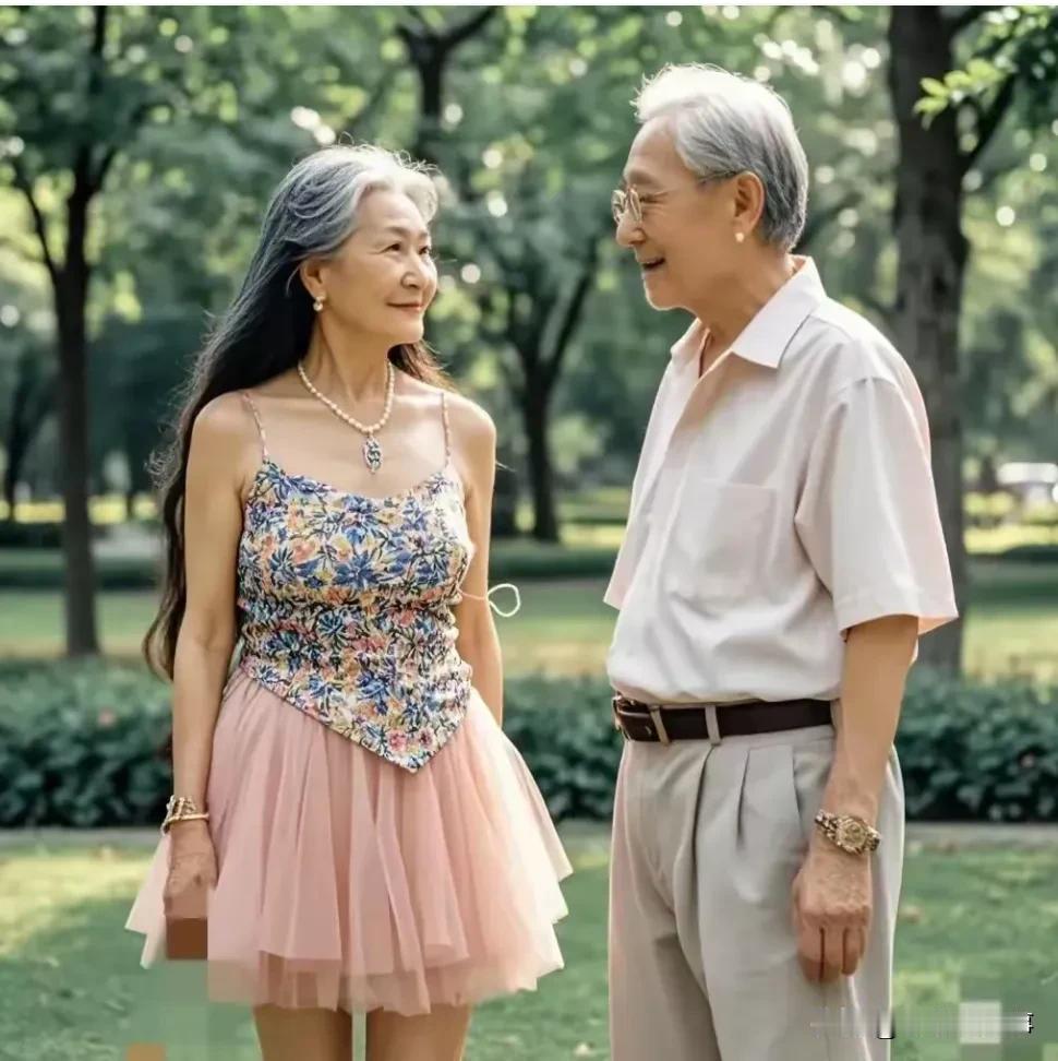 奶奶你老有70了吧。
奶奶与大爷公园深情相望，大爷穿着举止中规中矩，奶奶这套服装