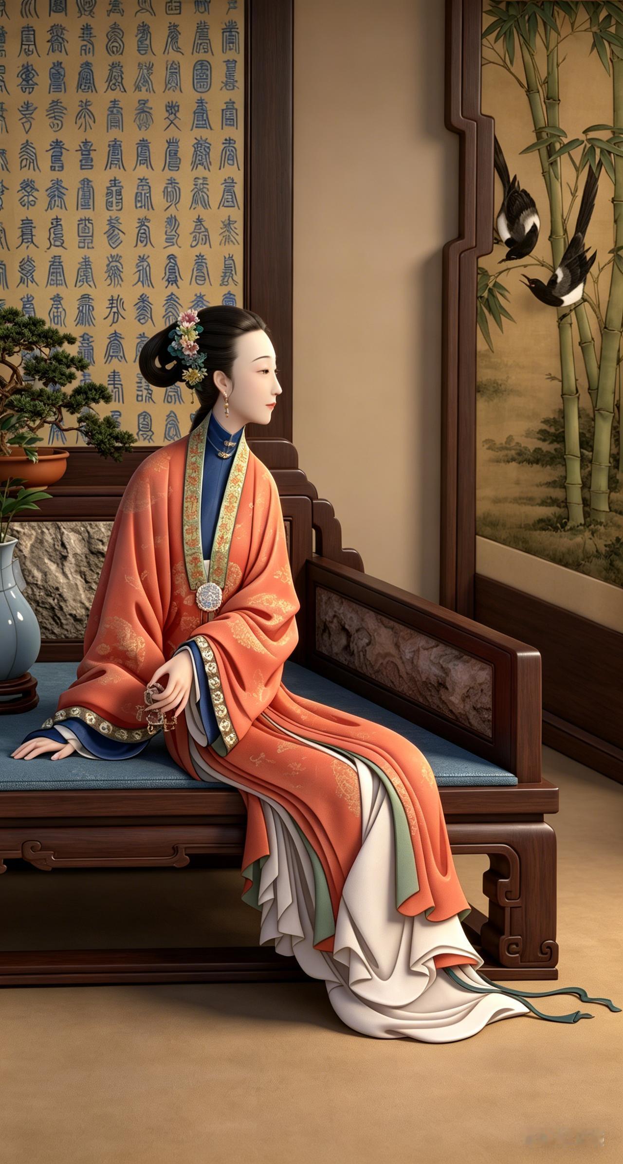 雍正十二美人图10（AI复原）

一榻，一人，一窗竹；百寿为屏，双鹊为景。
这哪