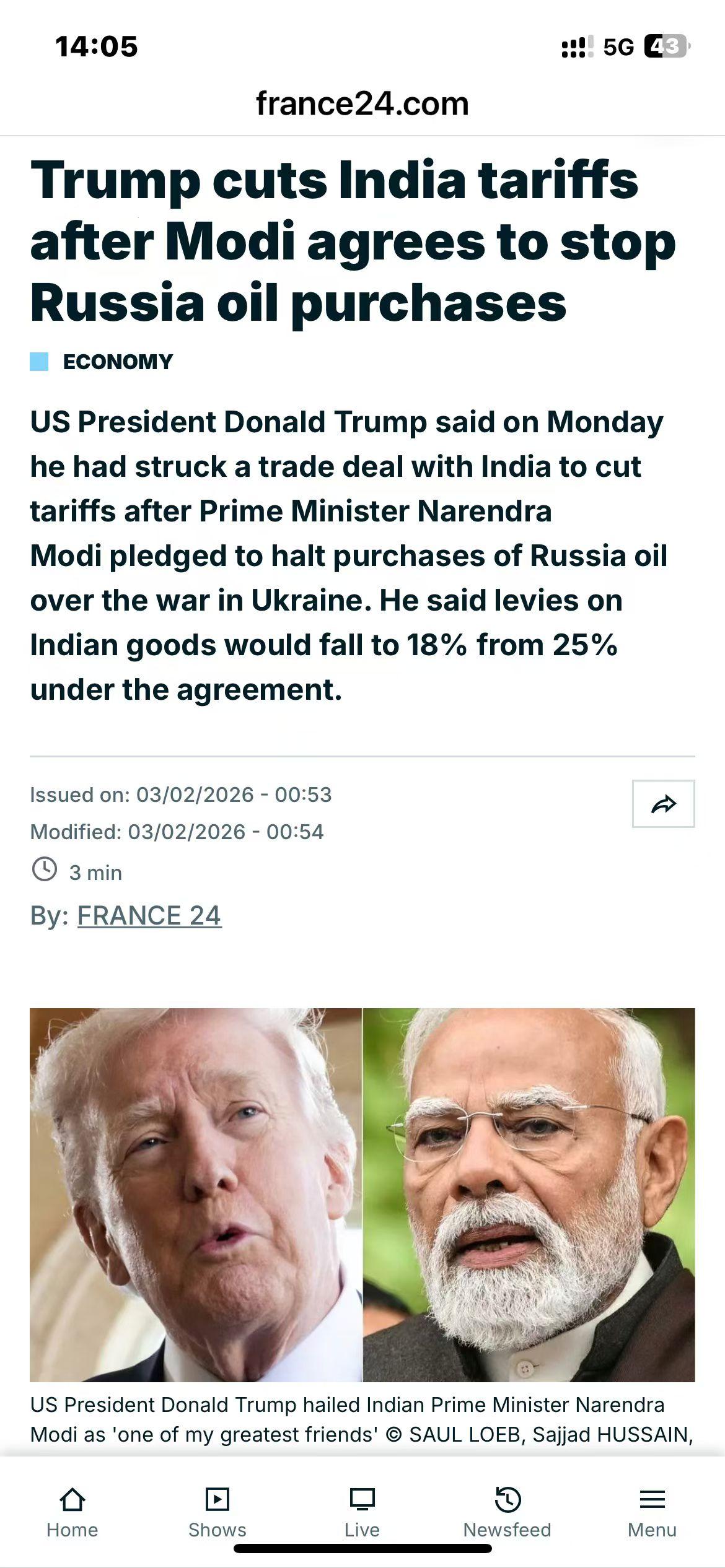 美国与印度达成协议：印度承诺停止购买俄罗斯石油，美国则对印度商品的关税从25%降