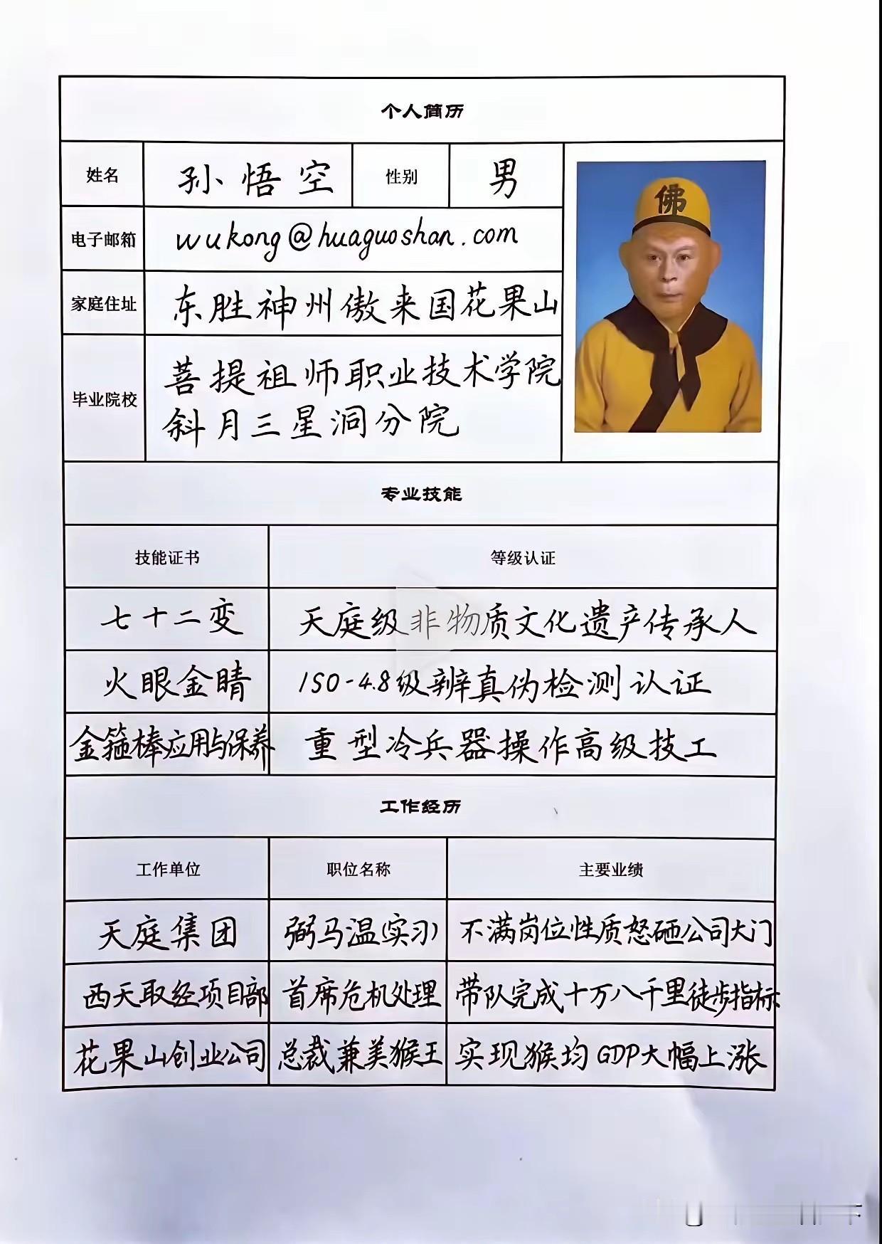 看来简历也不是随便写的，孙悟空同志的简历，还真不是盖的！