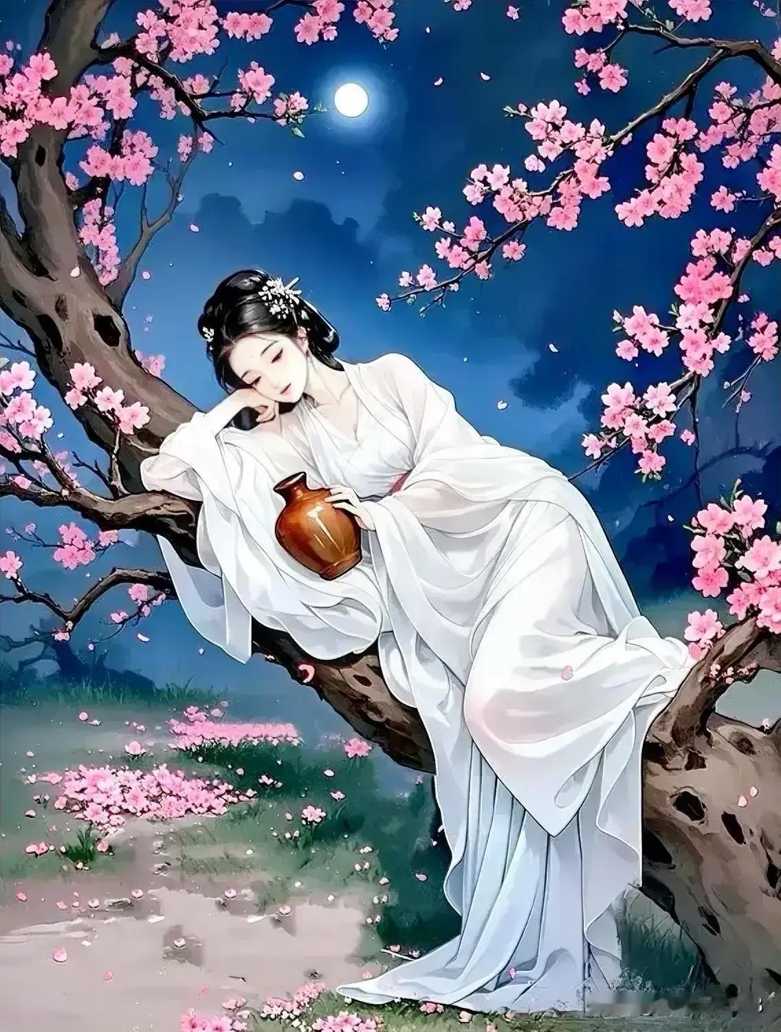 此图能与《红楼梦》中史湘云醉眠勺药烟比美了，画面尽显美妙意境，作画者当真是圣手神