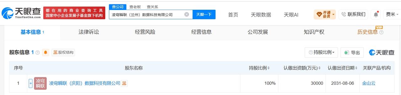 天眼查App显示，近日，凌穹瞬联（兰州）数据科技有限公司成立，法定代表人为李广华