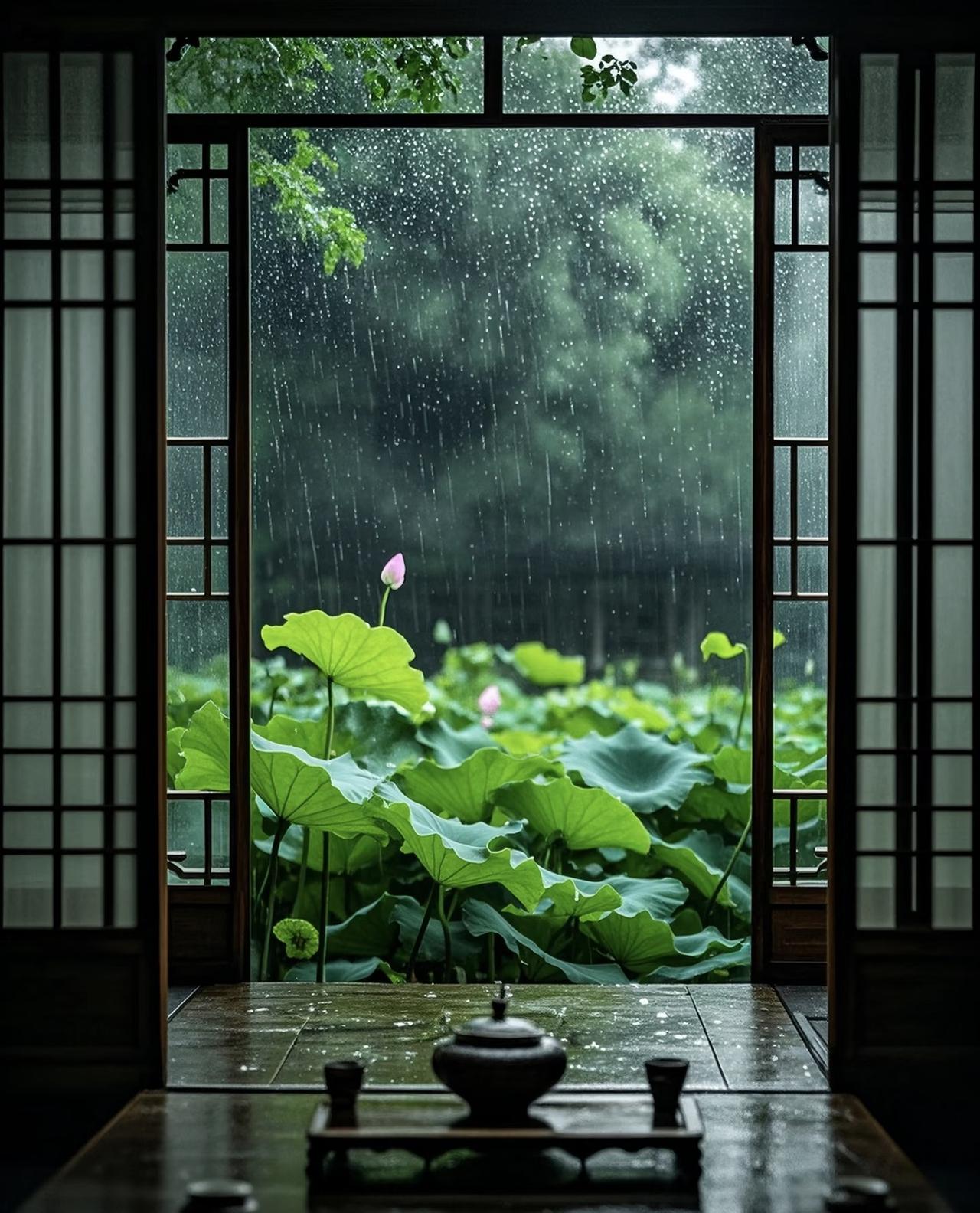 《浣溪沙》
梅子黄时雨不知，小荷才绽两三枝。
丛林浓蘸翠胭脂。
宠辱由来风过耳，