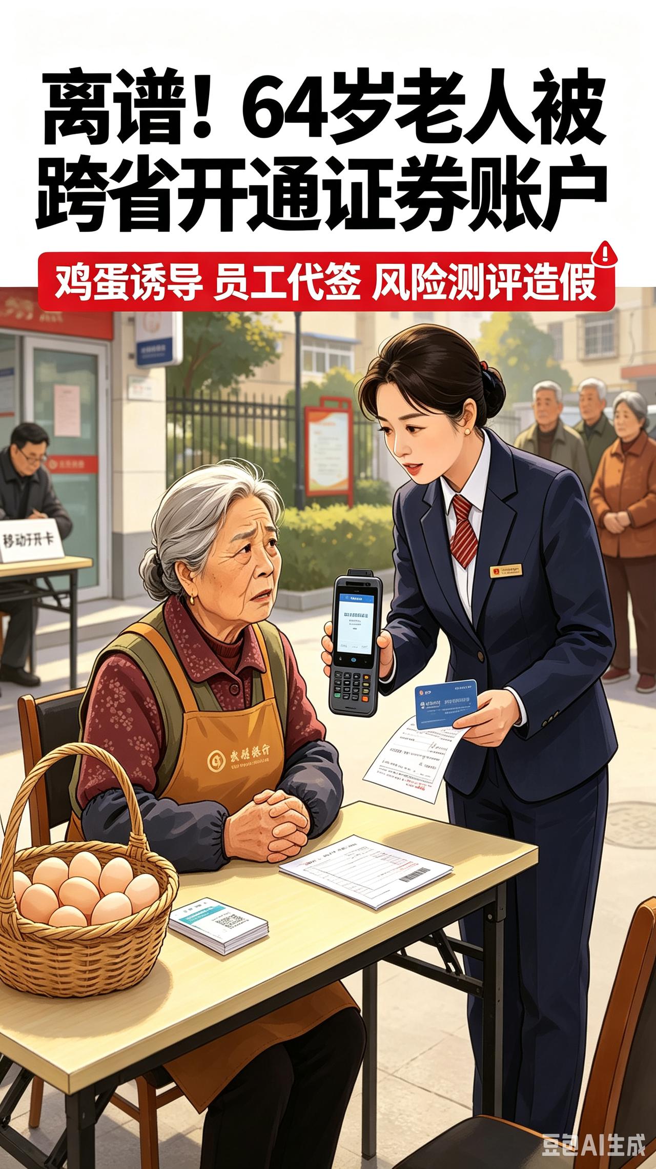 64岁老人被跨省开通证券账户！
离谱64岁文盲保洁被银行跨省违规开通证券账户，靠