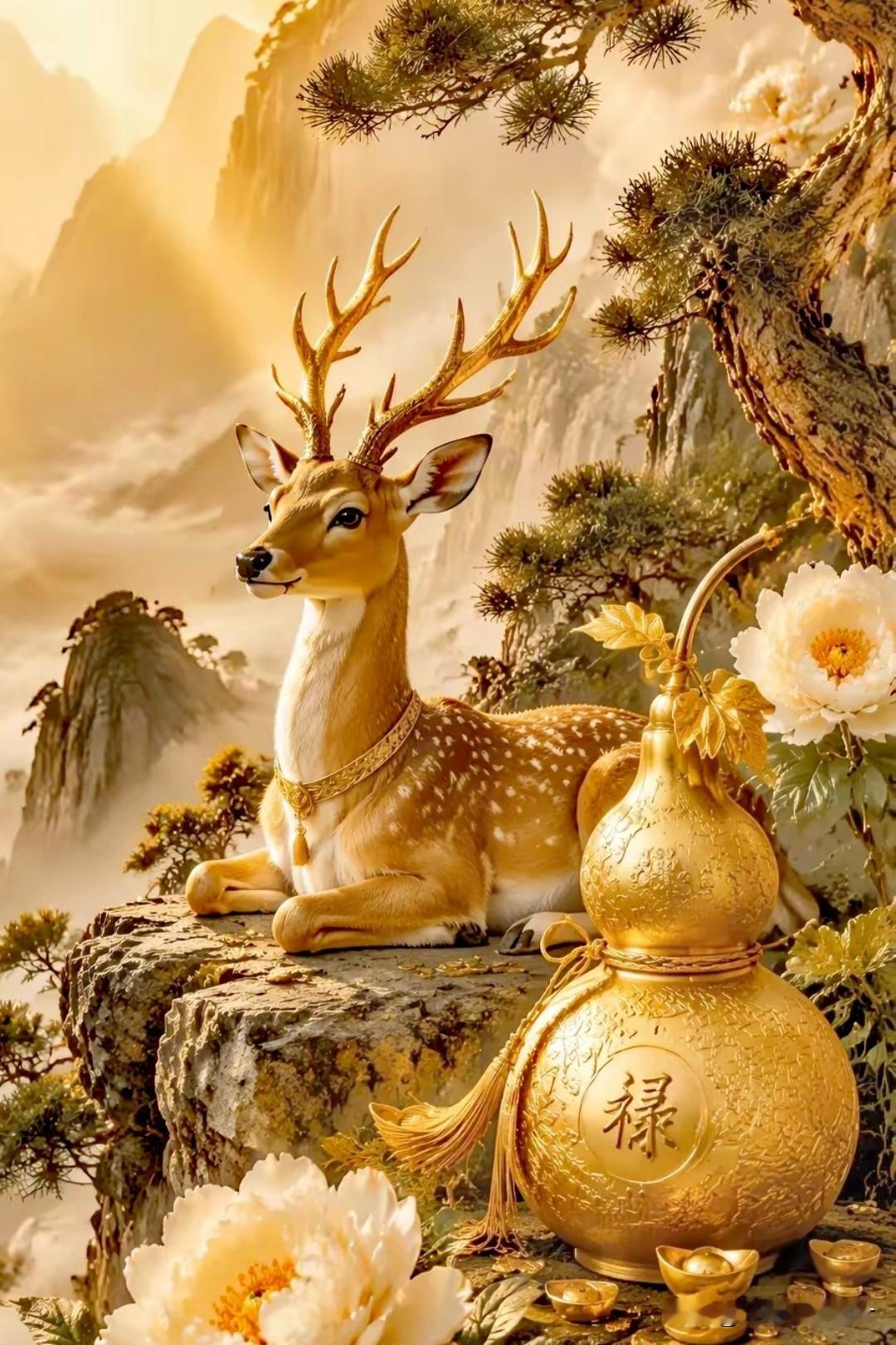 灵鹿呈祥添百禄，
金葫纳福聚千金。