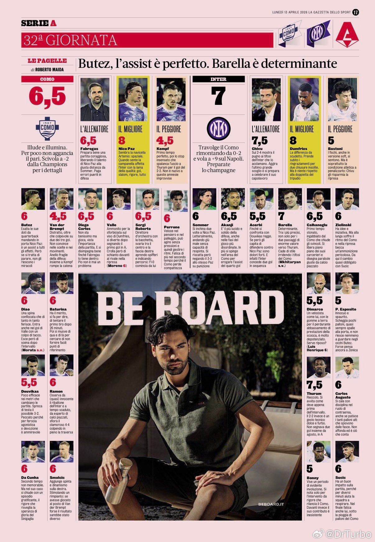 米兰体育报赛后评分如下科莫3比4国际米兰国际米兰热点现场 最佳邓弗里斯 图拉姆和