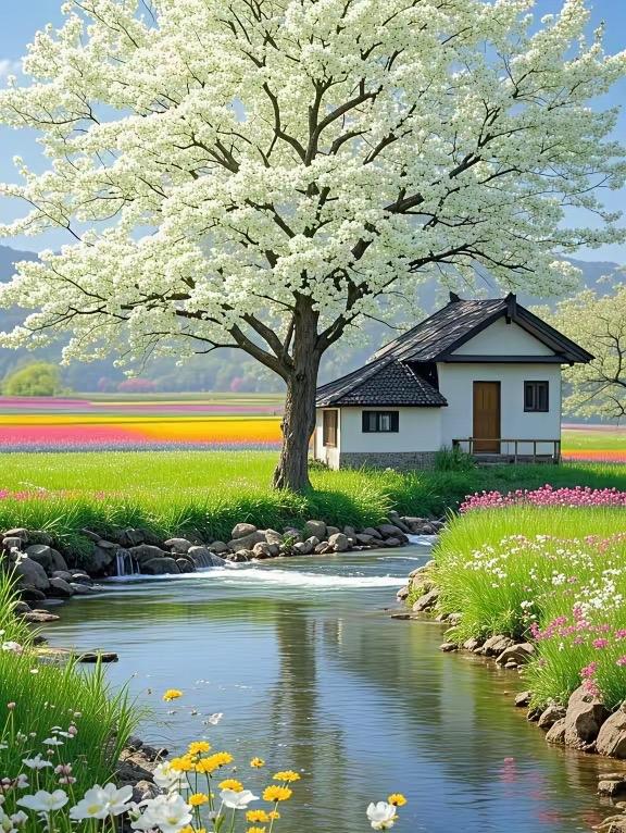 满树梨云遮瓦舍，
三棵古枫尽落红。
横批：《梨云与古枫》