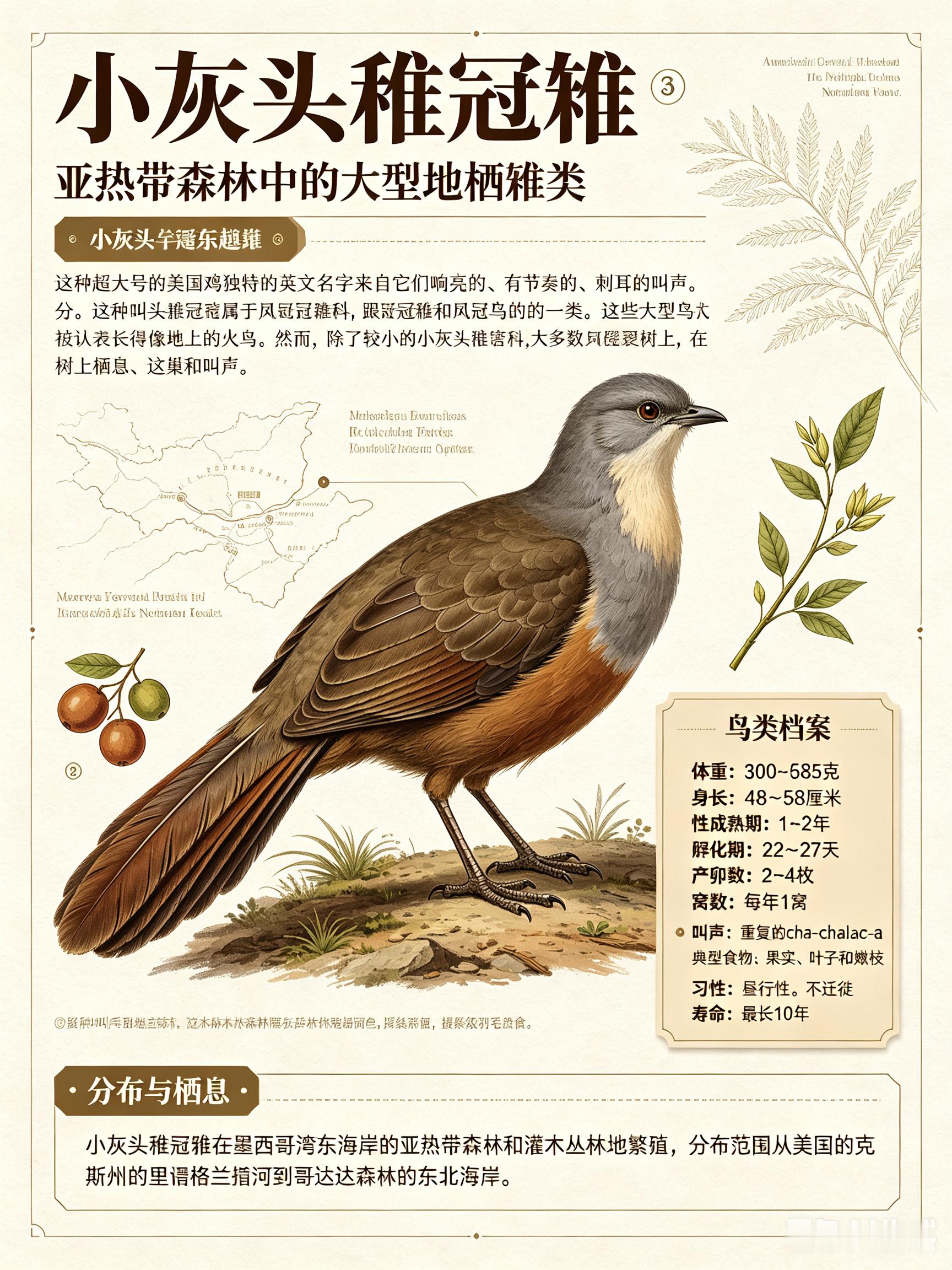 鸟类朋友图鉴 小灰头稚冠雉这种超大号的美国鸡独特的英文名字来自它们响亮的、有节奏