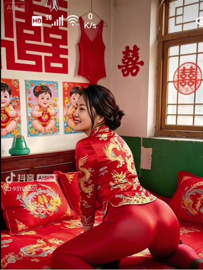 〔欣赏图片〕
图中画面好喜庆；
新婚之夜挺快乐；
夫妻恩爱成伴侣；
媳妇乐的口难