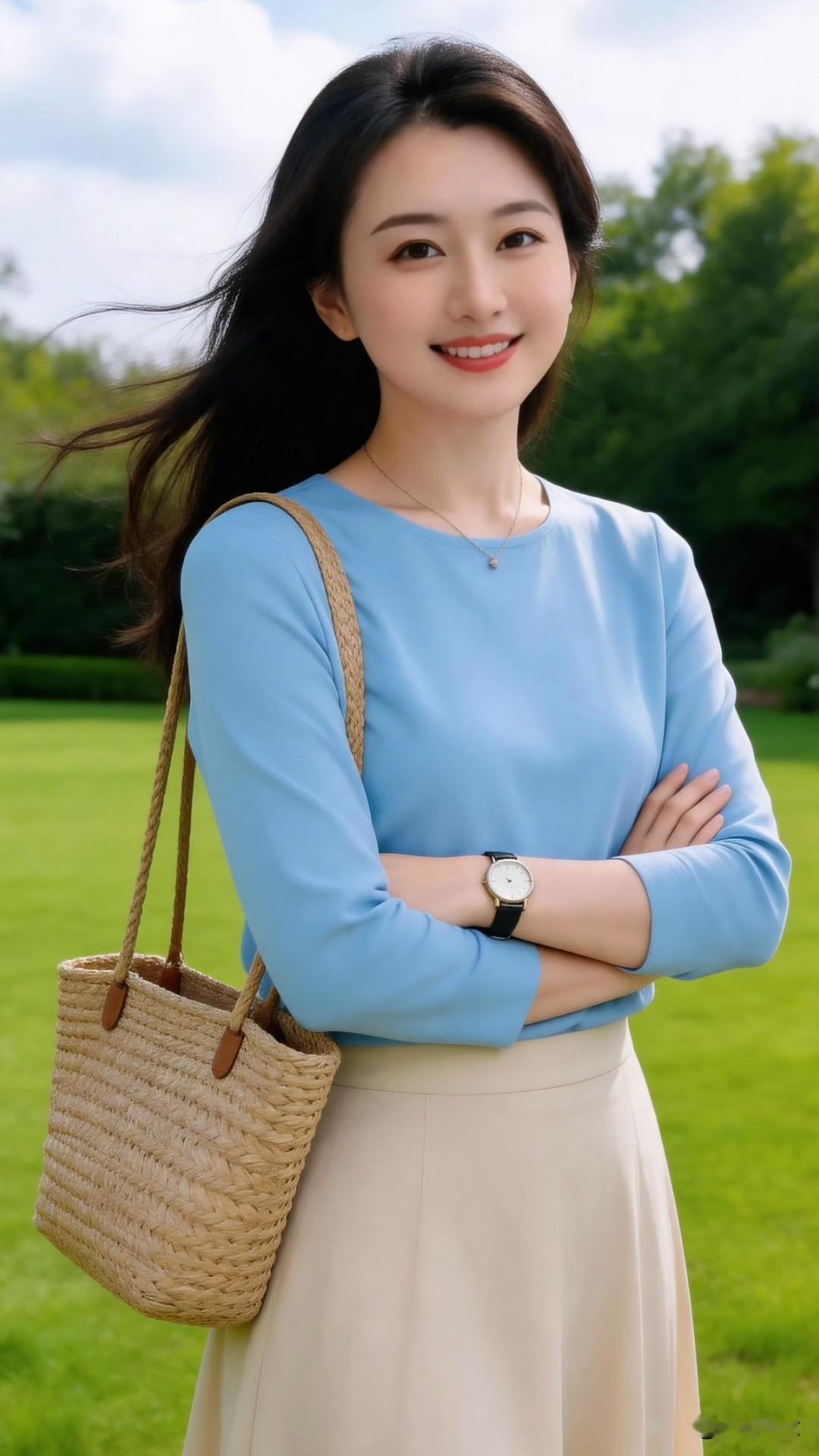谁懂啊！这套蓝+米的日常穿搭，把松弛感直接焊在了身上～
软乎乎的天蓝色长袖T，贴