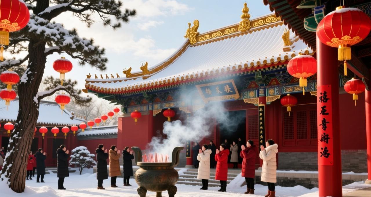 一幅宁静祥和的寺庙场景。