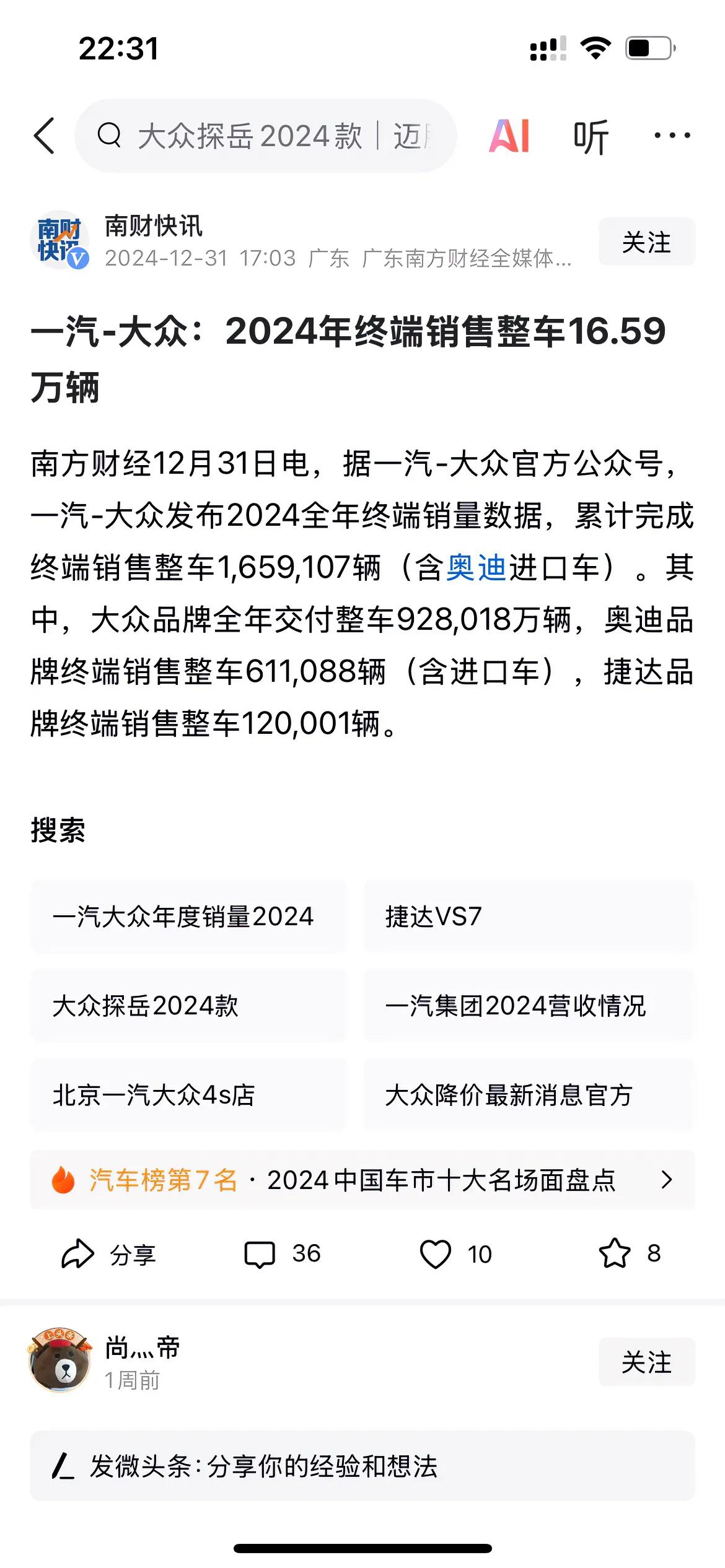 看到这标题吓我一跳，正确的数字是，一汽-大众全年销量为165.9万辆。