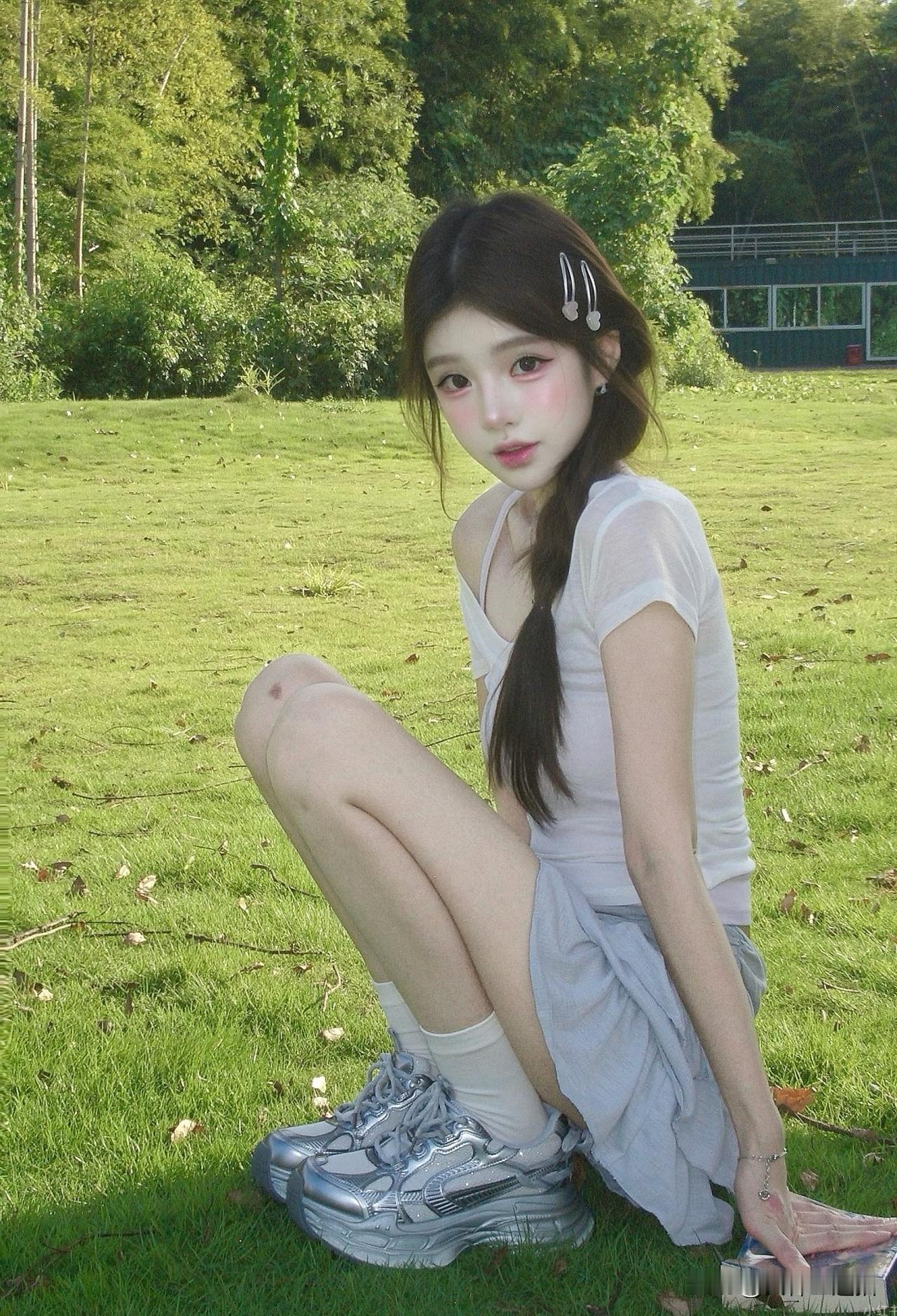 一个女孩在草地上蹲着，看着镜头。