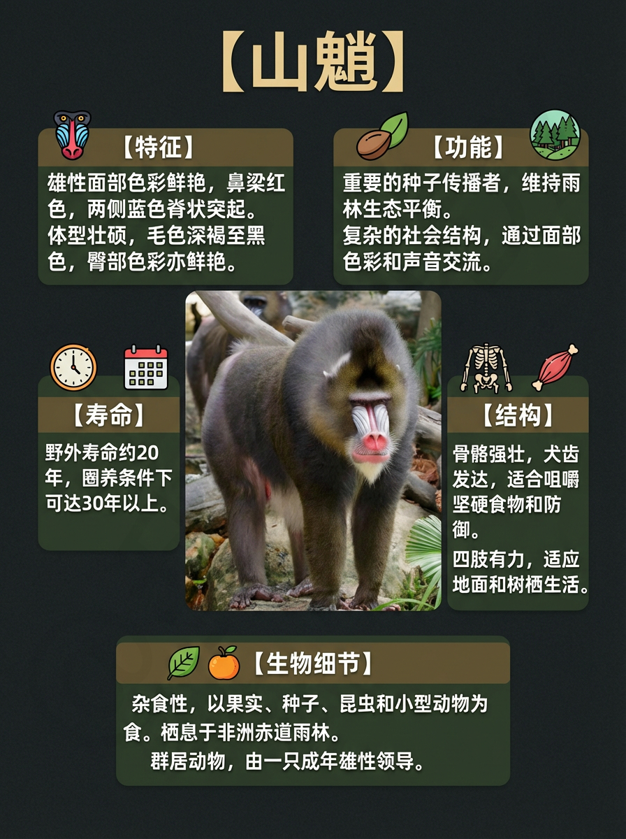 我AI的动物 “山间鬼怪”——山魈👻别被名字吓跑，它可是超有个性的存在。它那脸