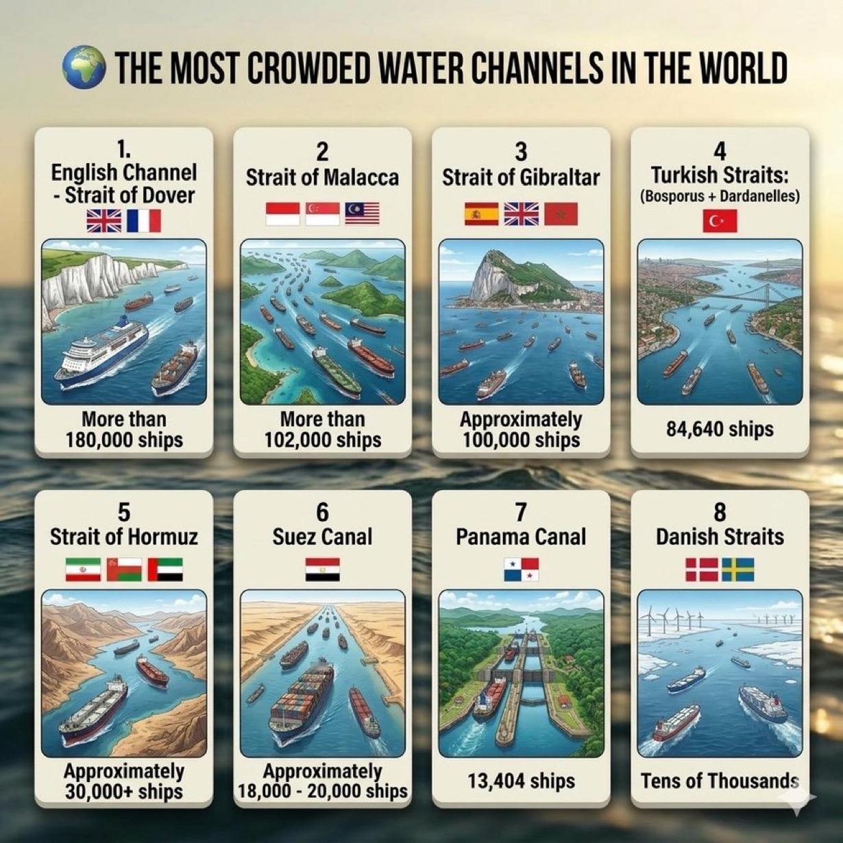 🌍 世界上最繁忙的水道（含时间和贸易份额），霍尔木兹海峡排在第五位：

1️⃣