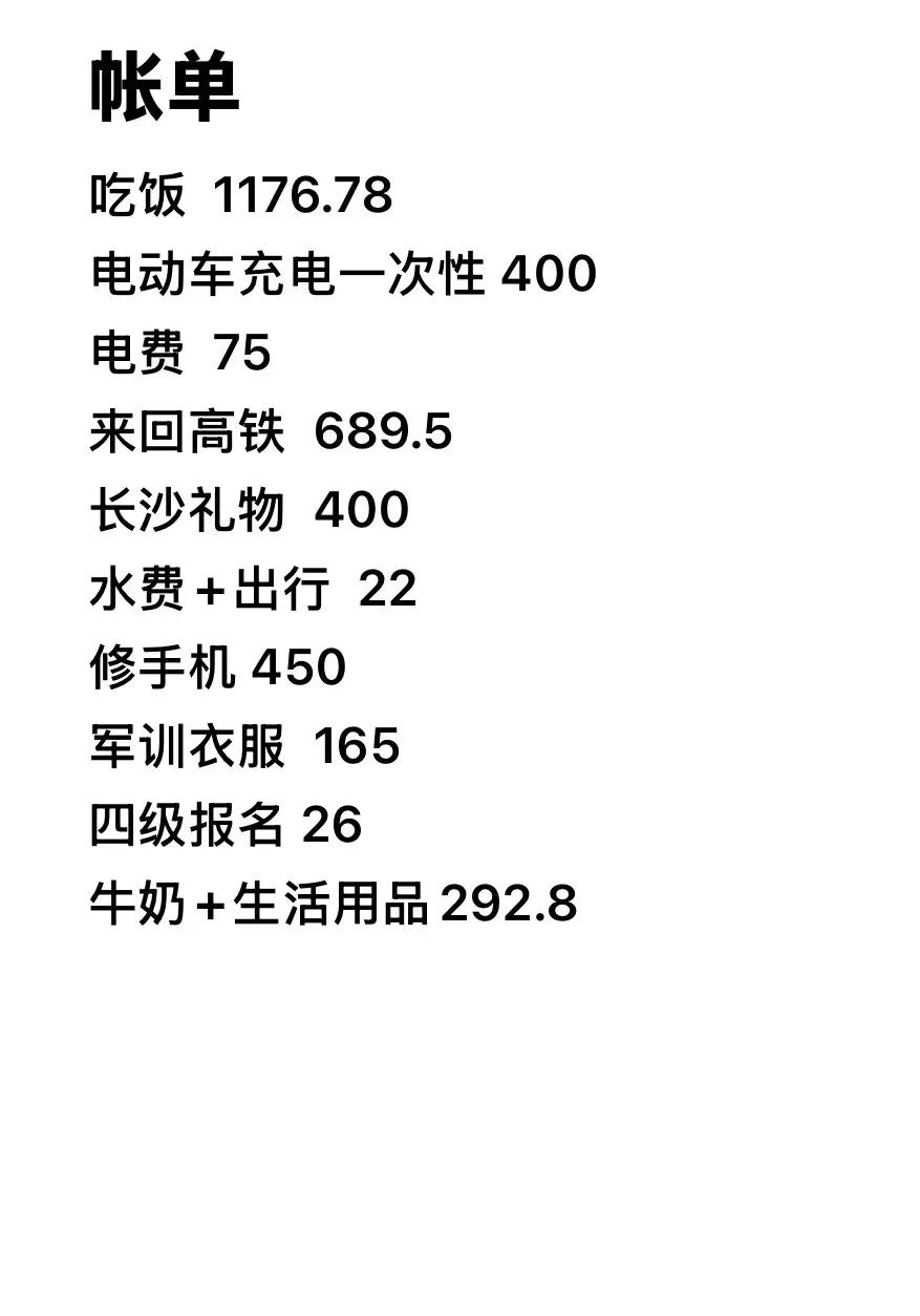 盘点大一新生9月的花费#秋日生活打卡# 
娃上大学一个月了，作为长沙就学的大一新