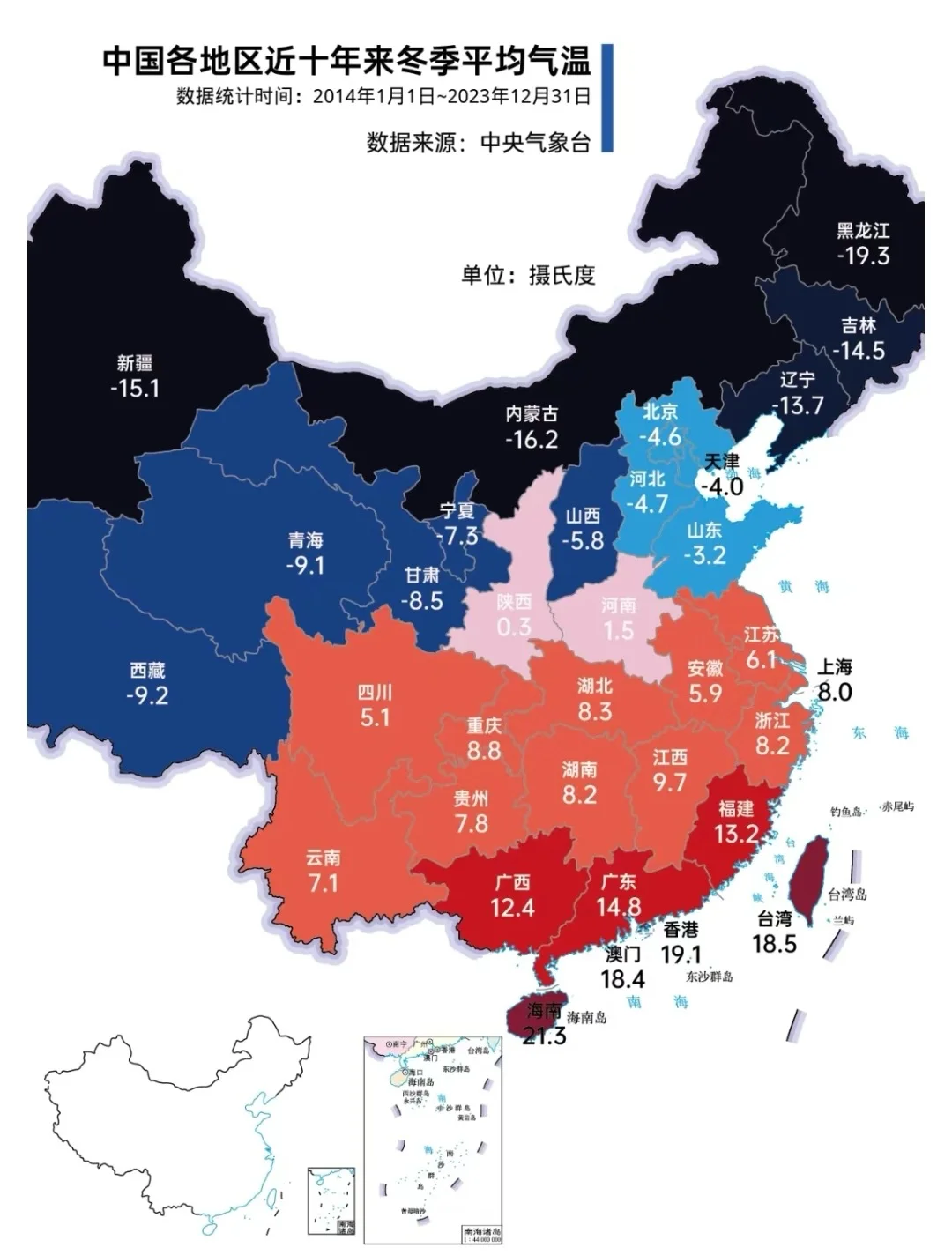 各地冬天平均气温，云南为啥比两广低这么多